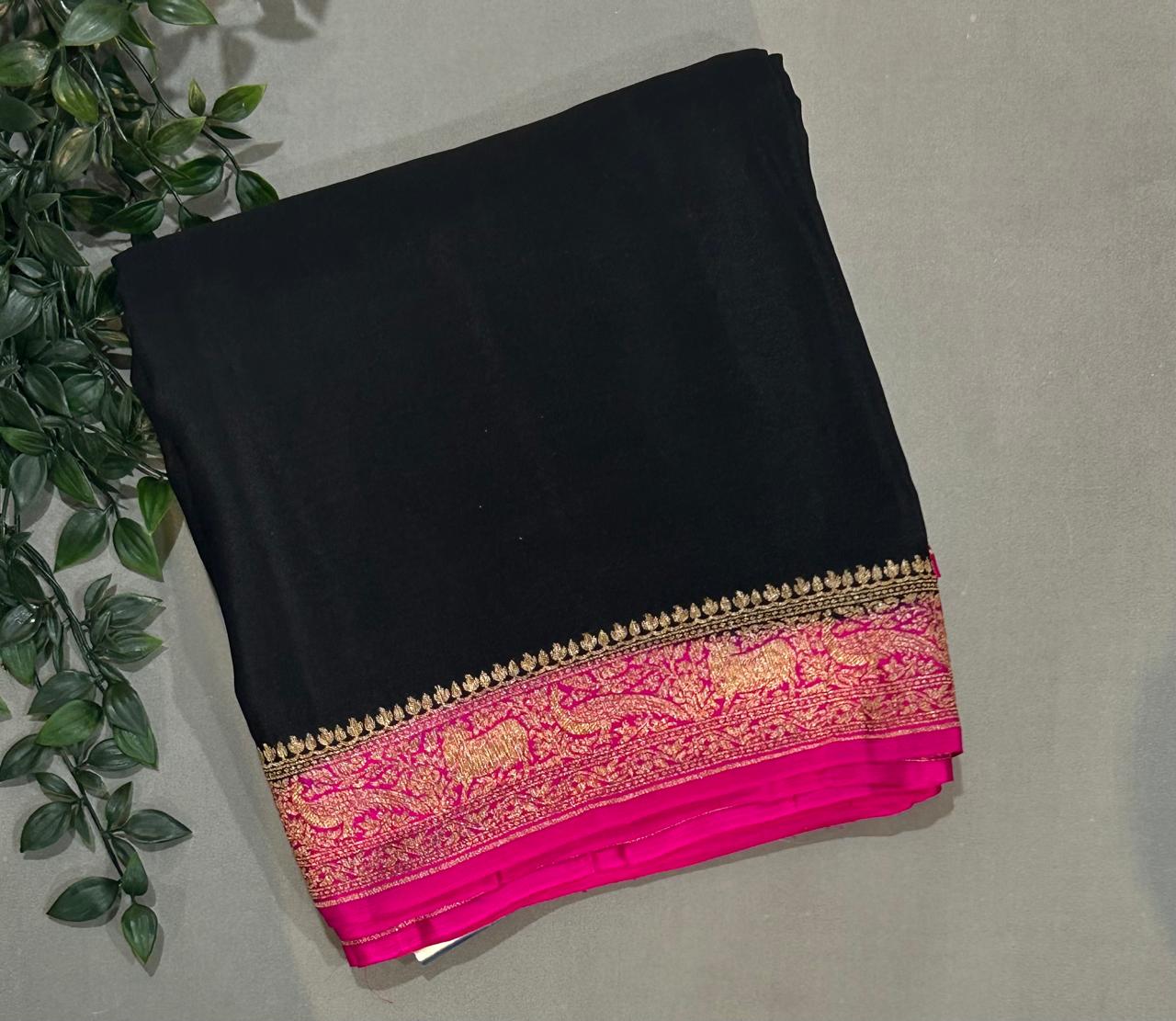 Black n pink banarasi pure crepe saree