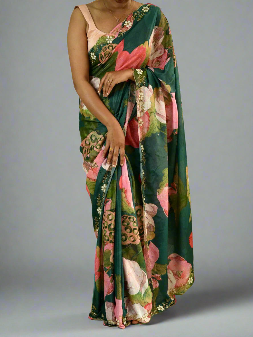 Green n pink  party wear stone work saree