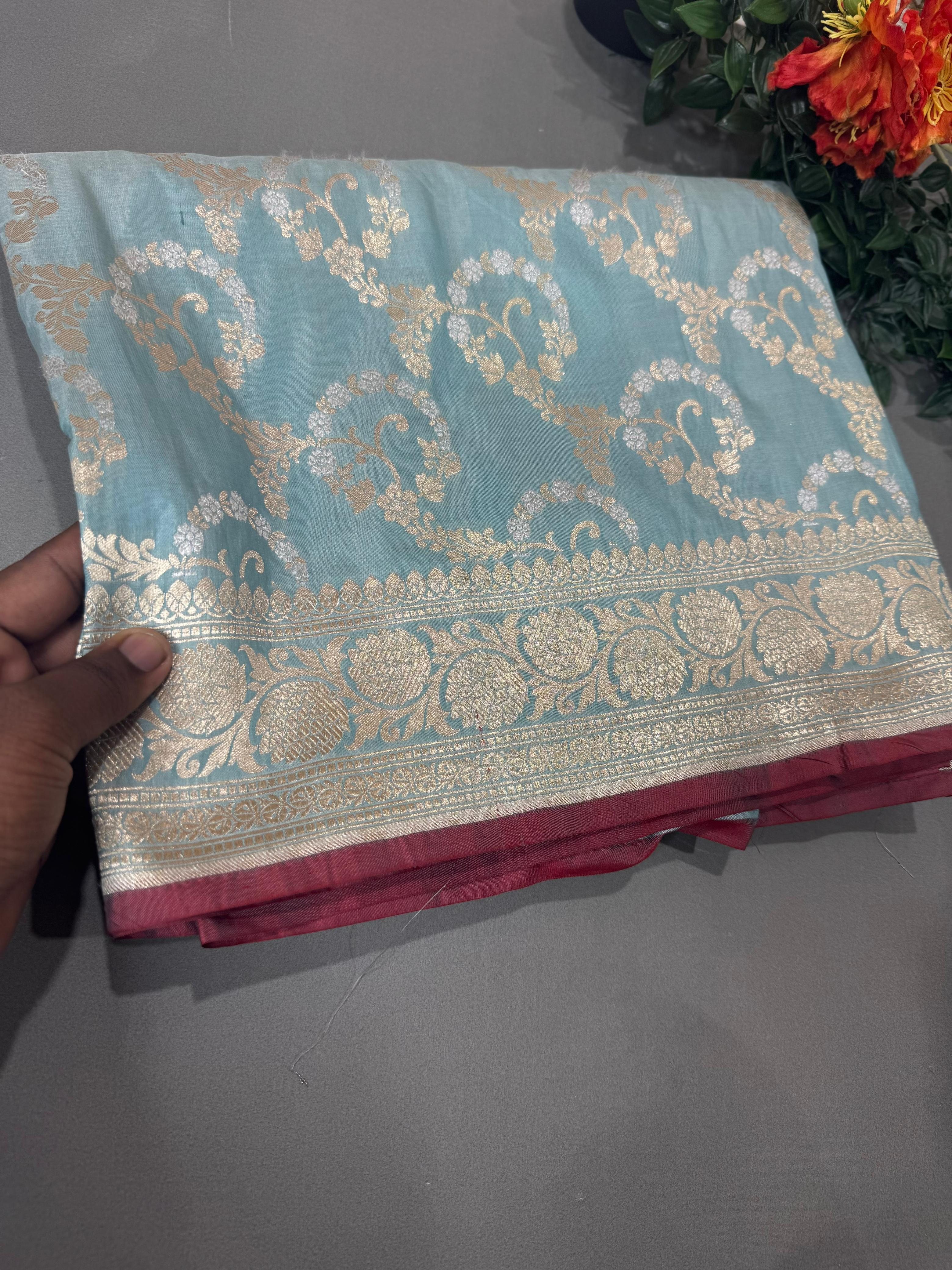 Pastel blue pure kathan silk saree