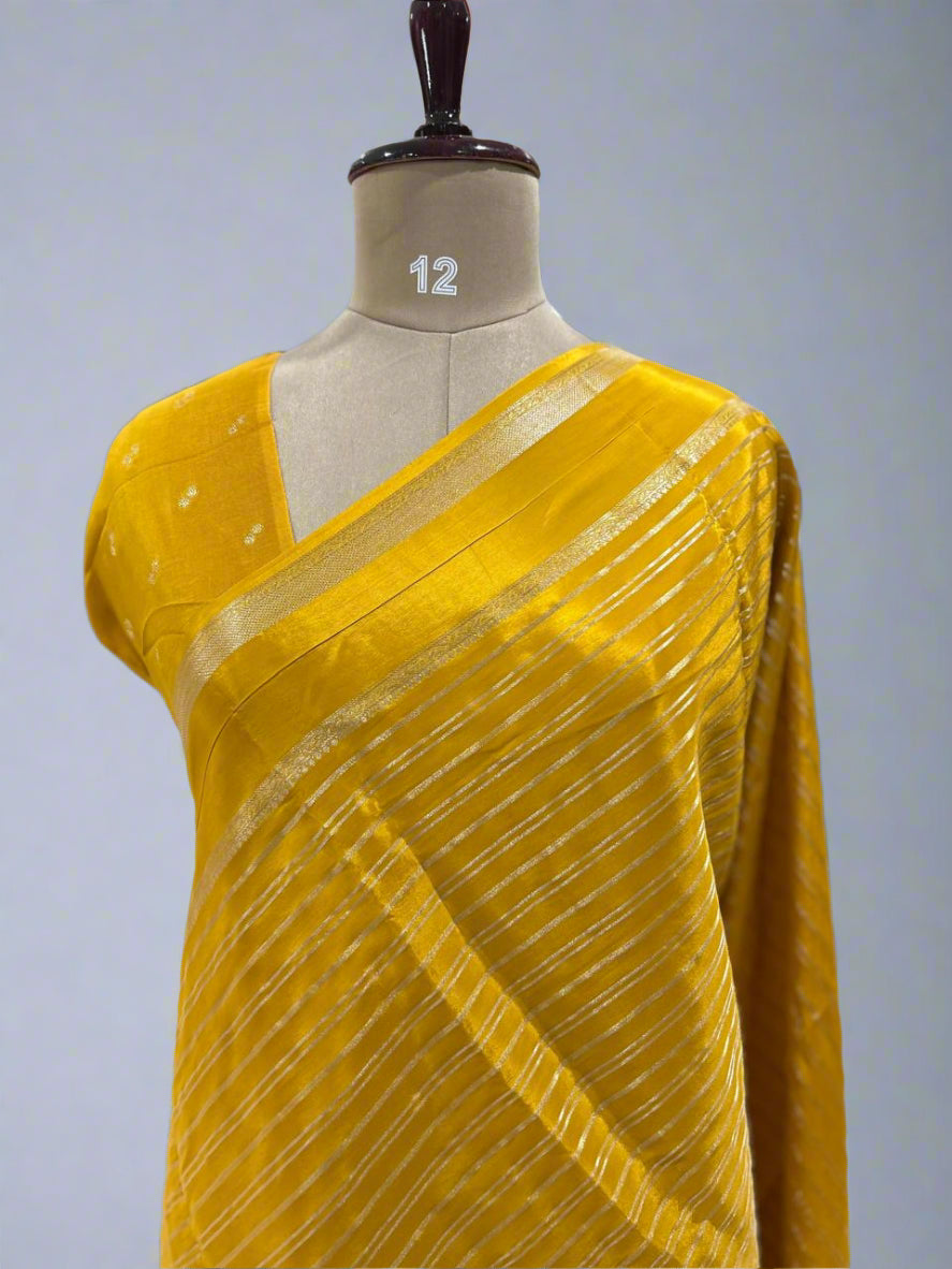 Mustard yellow stripes semi mysore-07 crepe saree