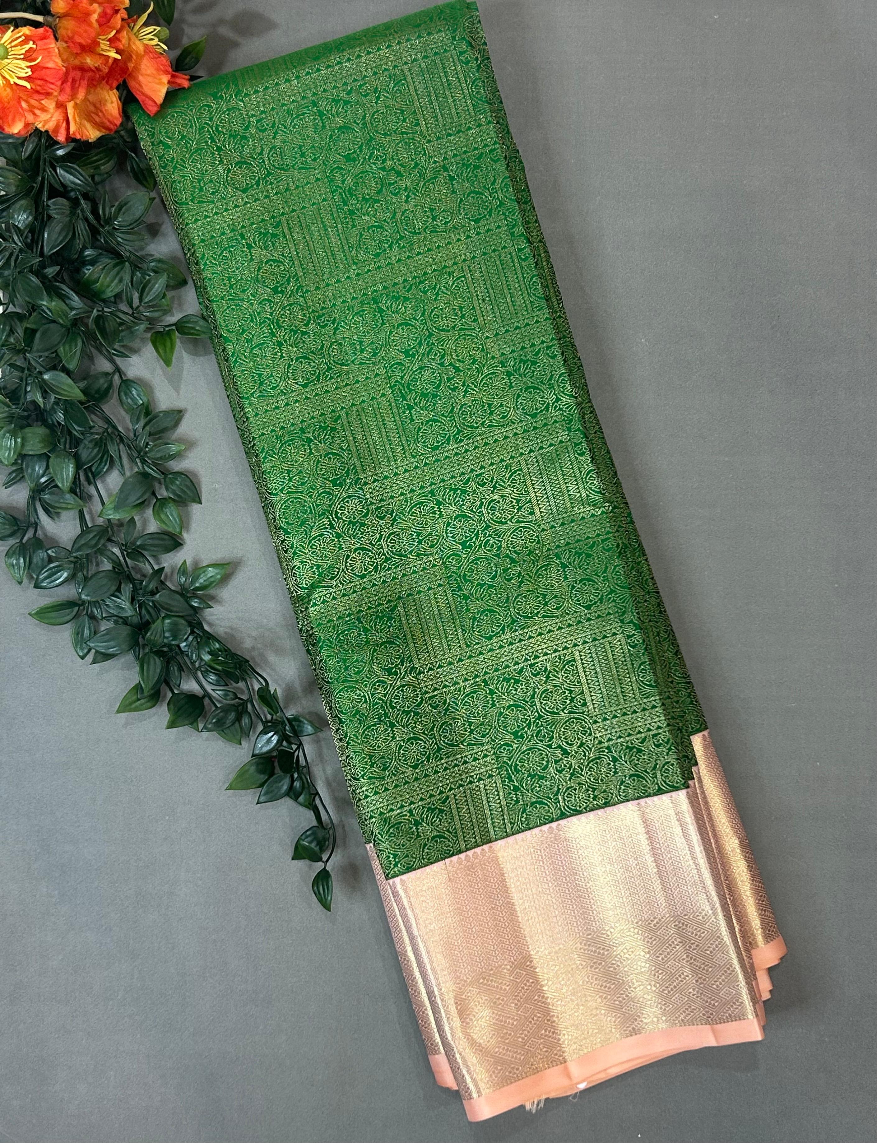 Green n peach brocade pure kanchipuram silk saree