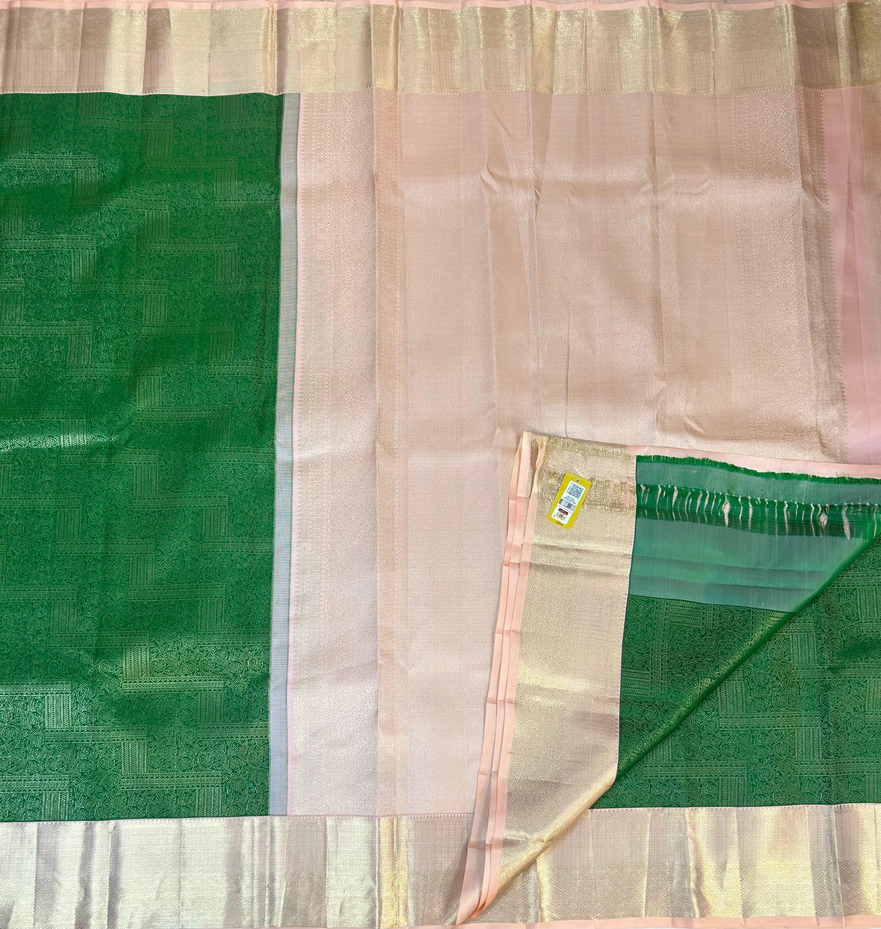 Green n peach brocade pure kanchipuram silk saree