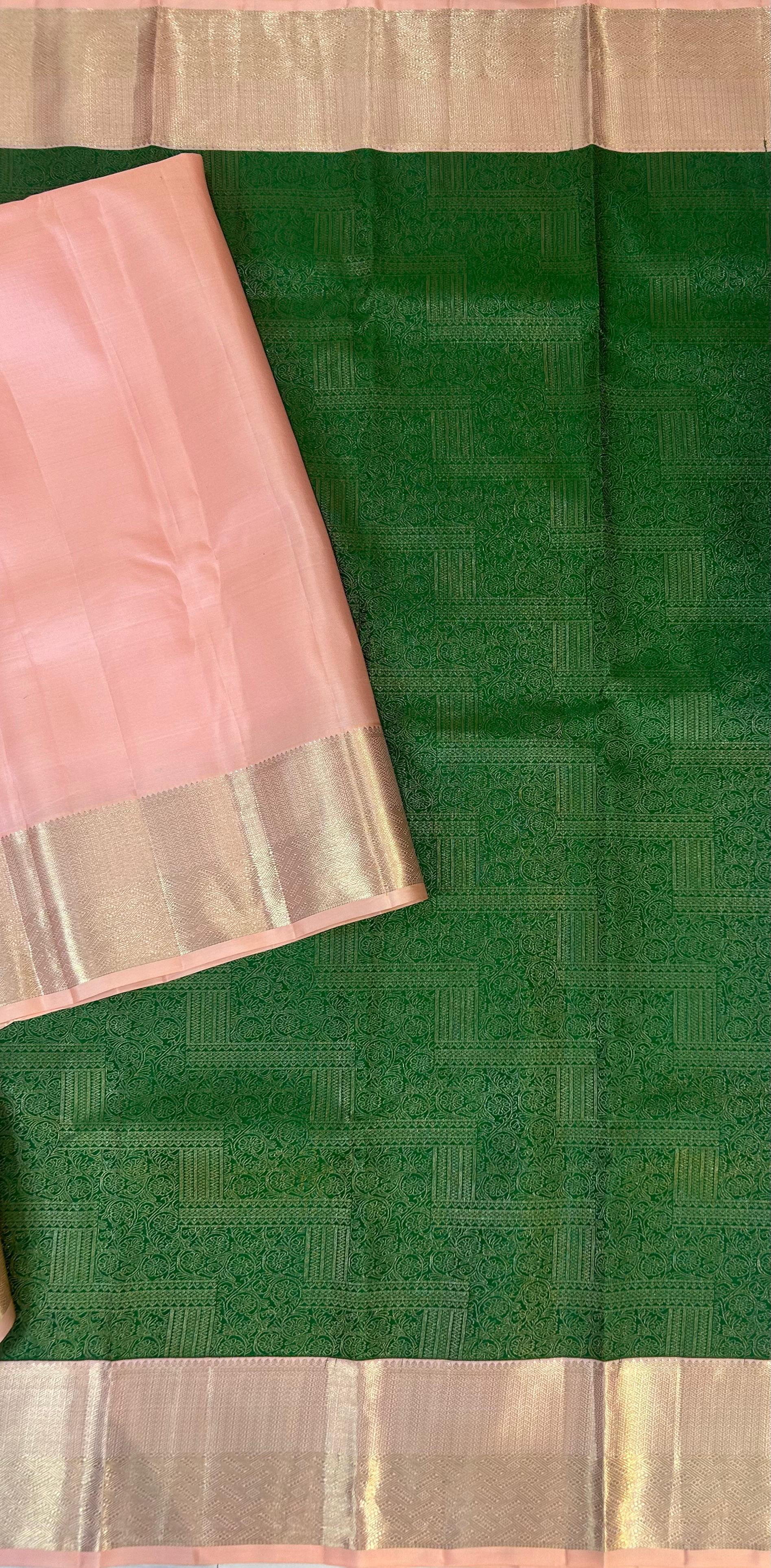 Green n peach brocade pure kanchipuram silk saree