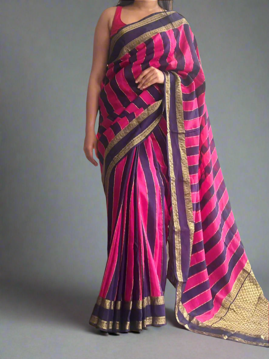 Pink n purple stripes bentex semi mysaore crepe silk saree