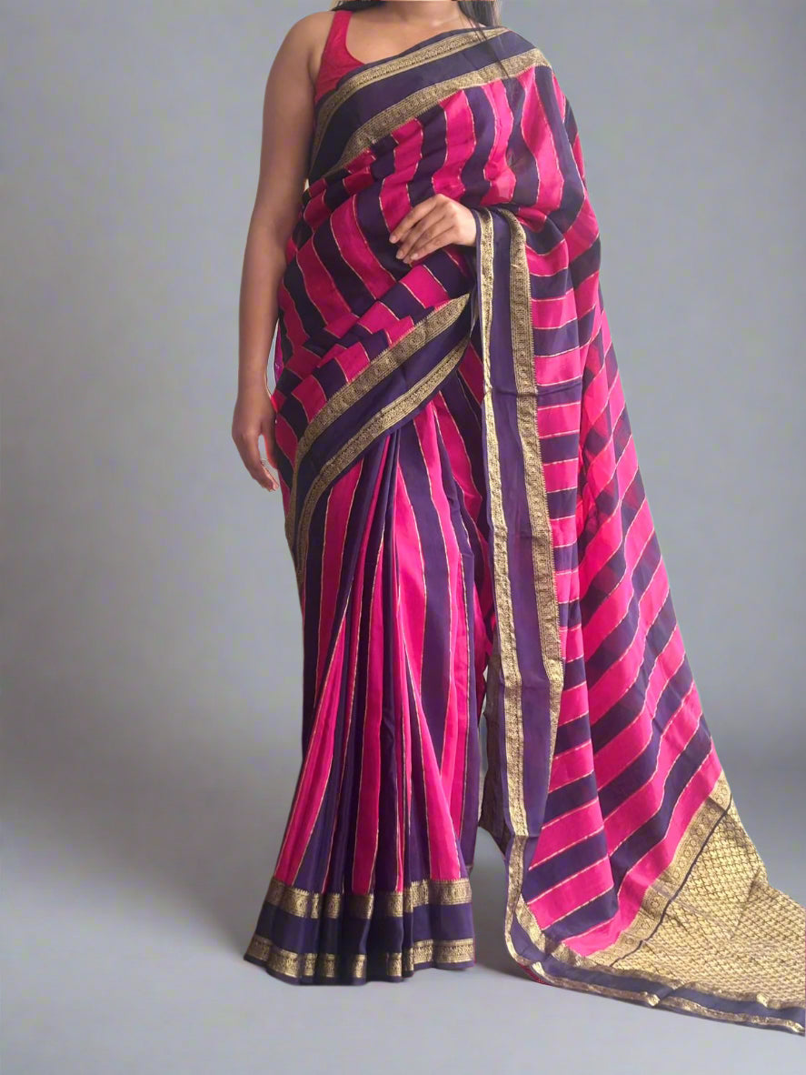 Pink n purple stripes bentex semi mysaore crepe silk saree
