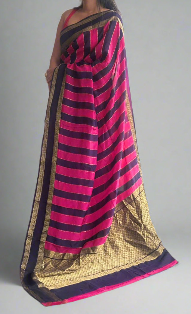 Pink n purple stripes bentex semi mysaore crepe silk saree