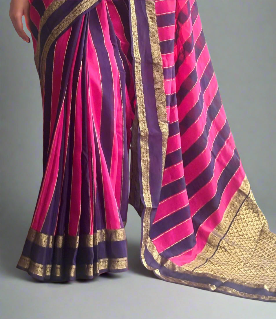 Pink n purple stripes bentex semi mysaore crepe silk saree