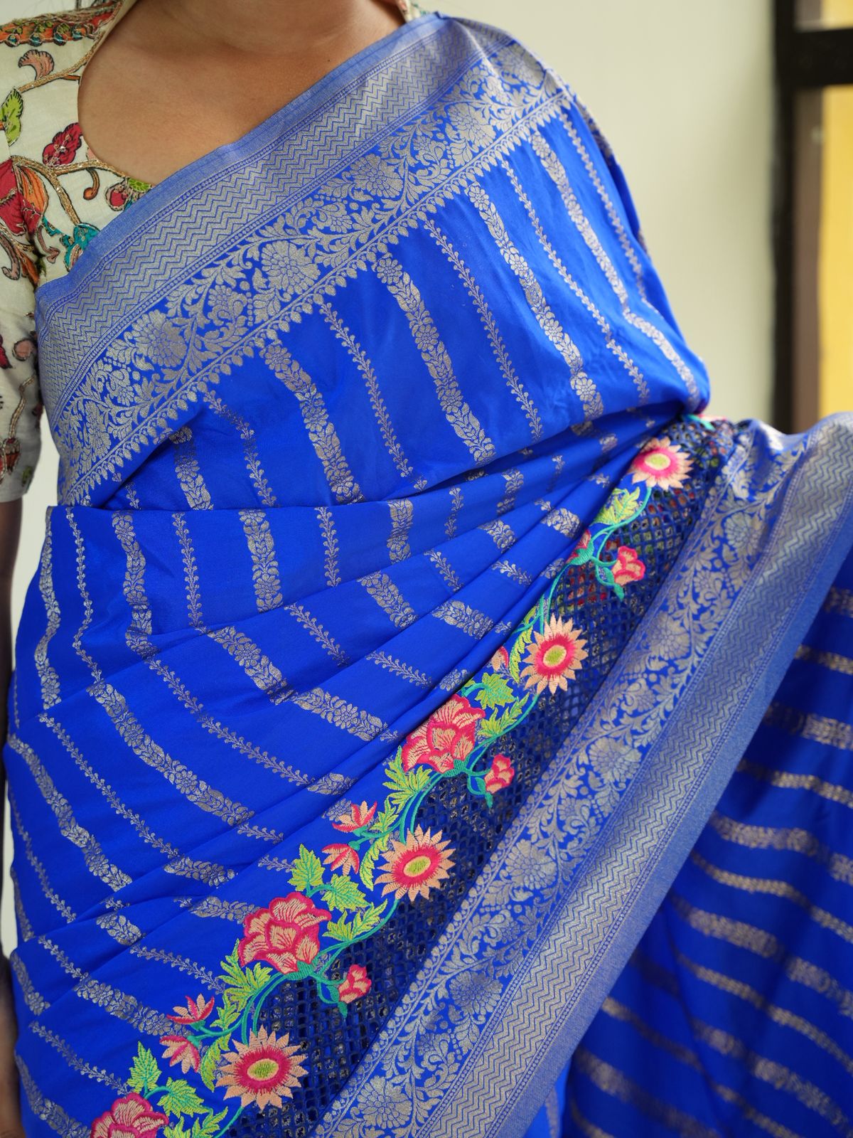 Royal Blue cutwork stripes semi mysore crepe silk saree