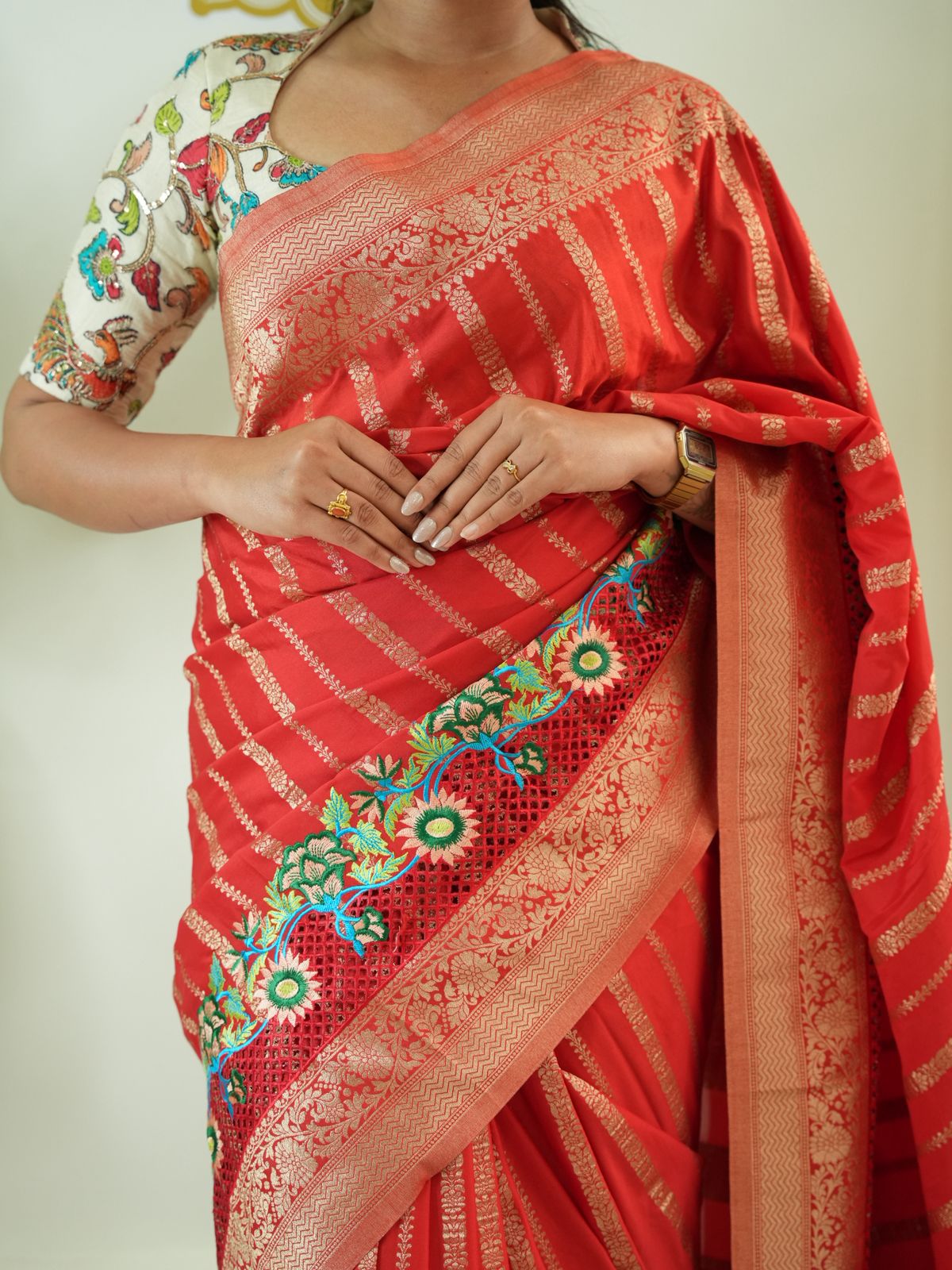 Red cutwork stripes semi mysore crepe silk saree