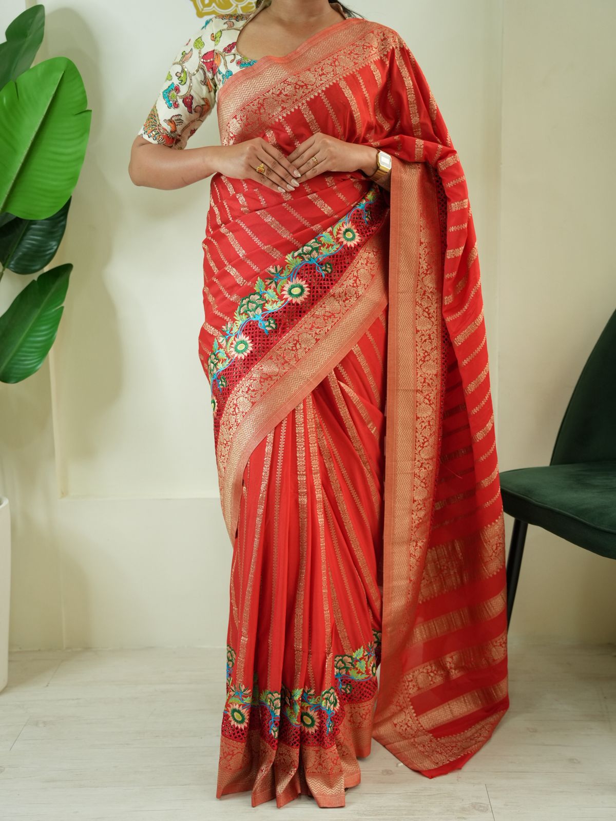 Red cutwork stripes semi mysore crepe silk saree