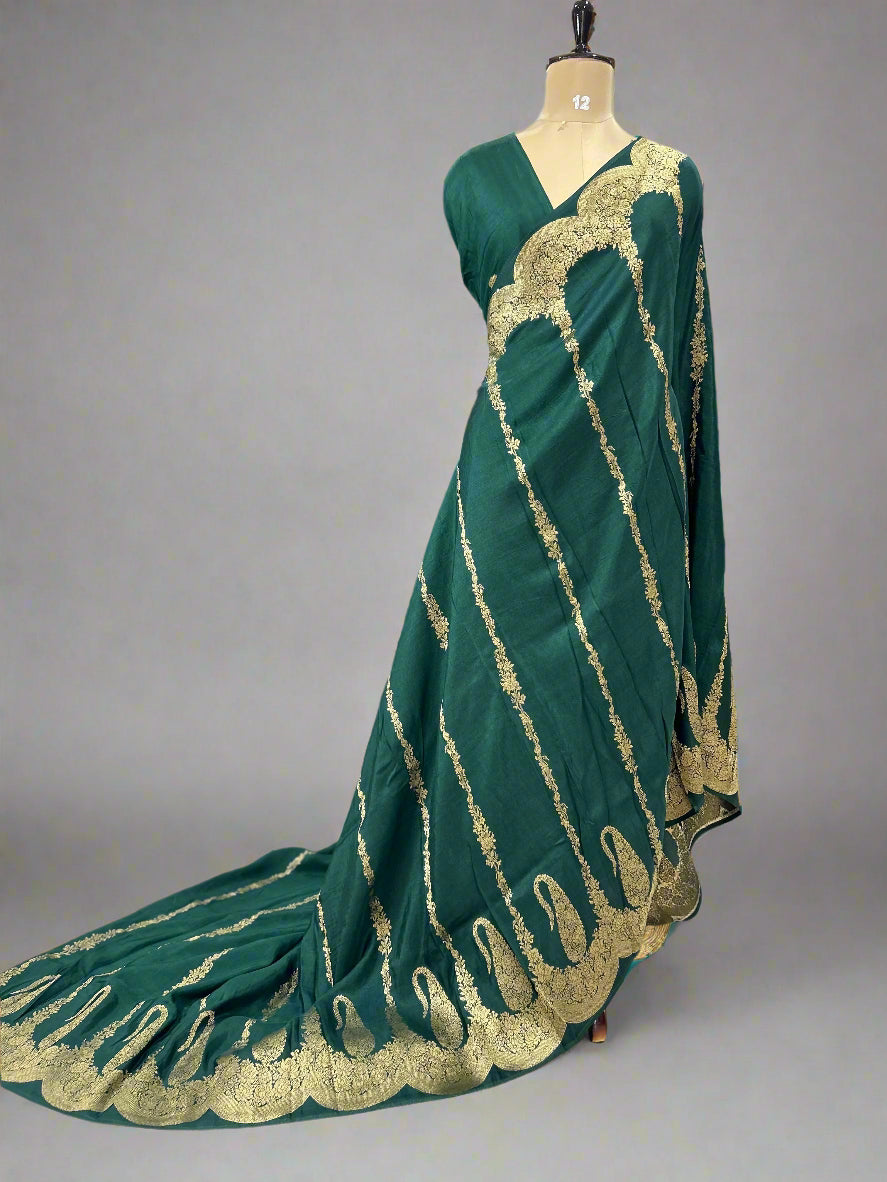 Bottle green mango scallop border new semi silk saree