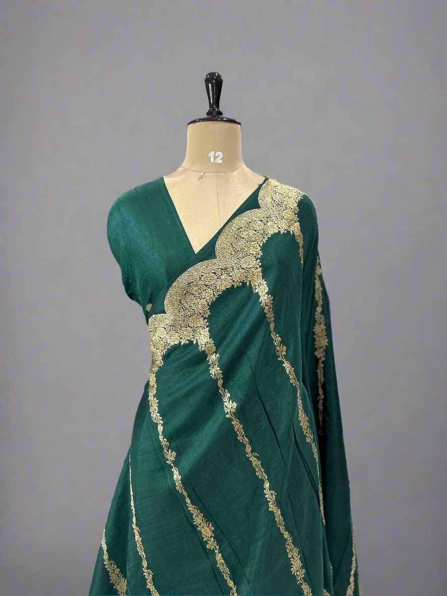 Bottle green mango scallop border new semi silk saree