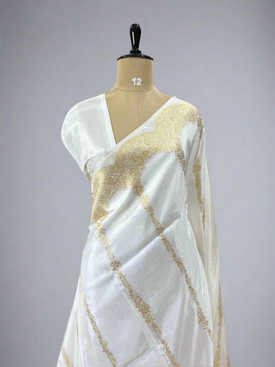 White mango scallop border new semi silk saree