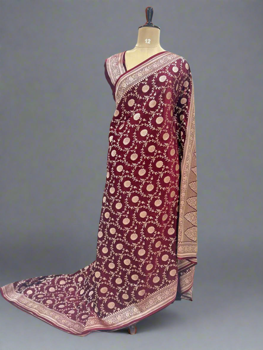 Dark brown jaal benaras semi kathan-08 saree