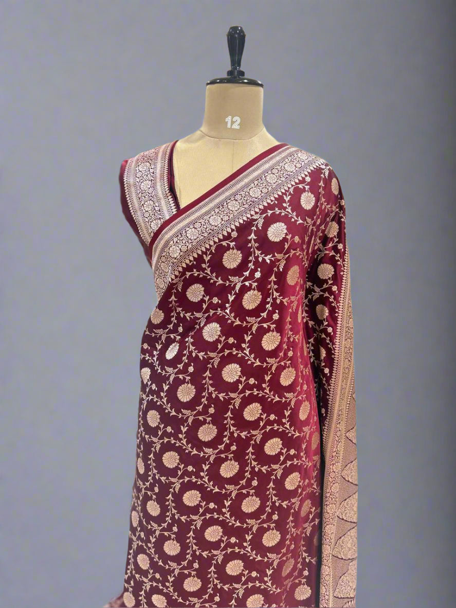 Dark brown jaal benaras semi kathan-08 saree