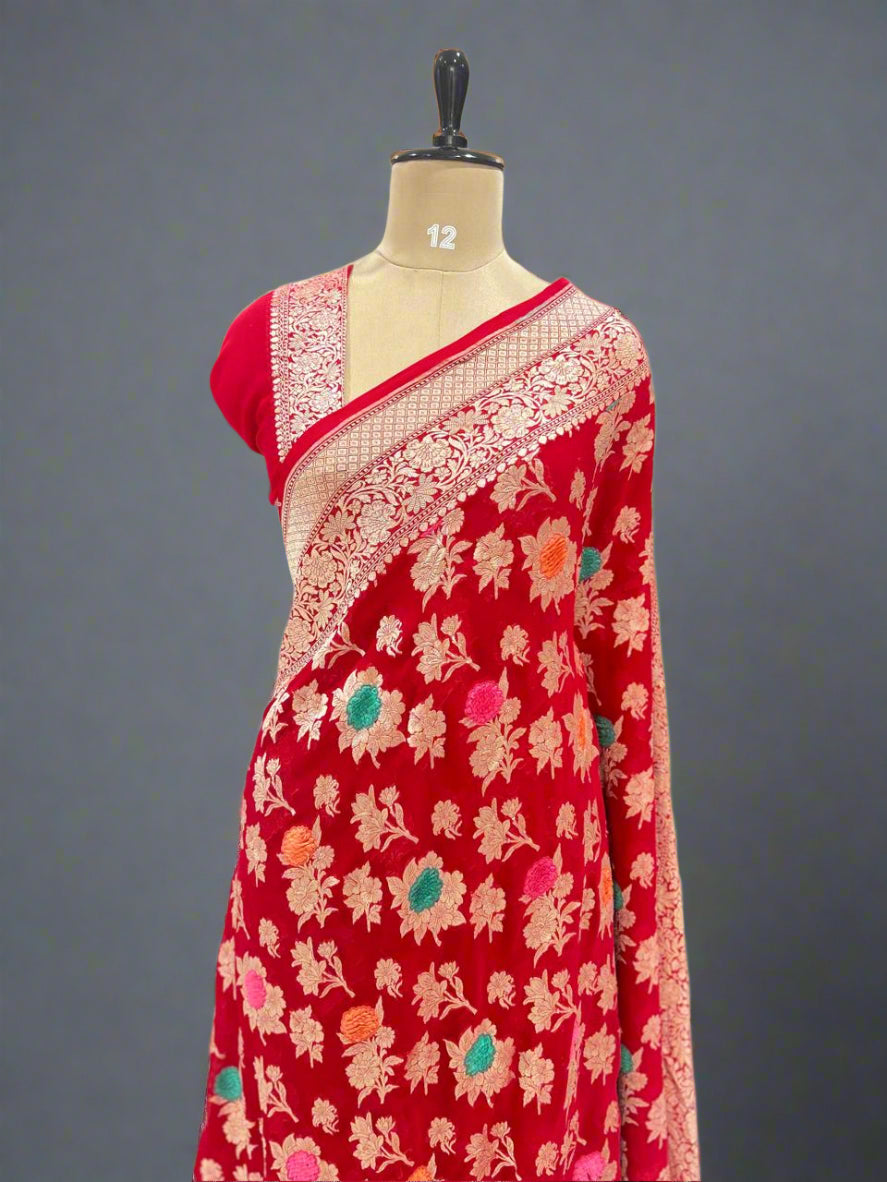 Red velvet embossed pure georgette-08 saree