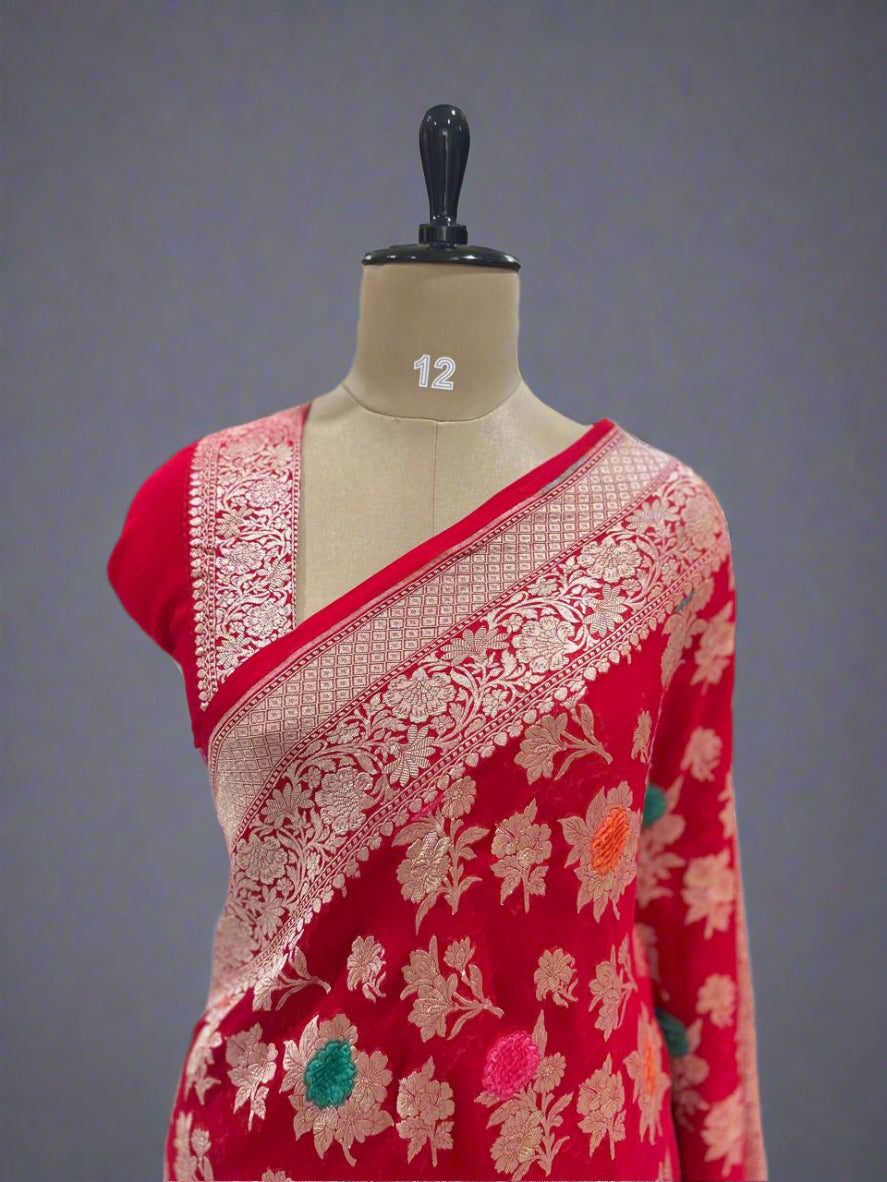 Red velvet embossed pure georgette-08 saree