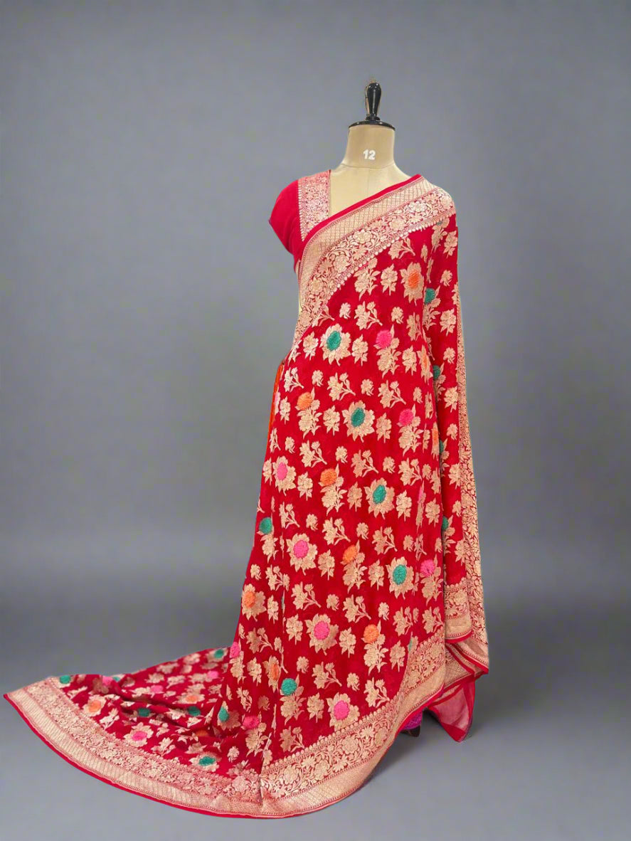 Red velvet embossed pure georgette-08 saree