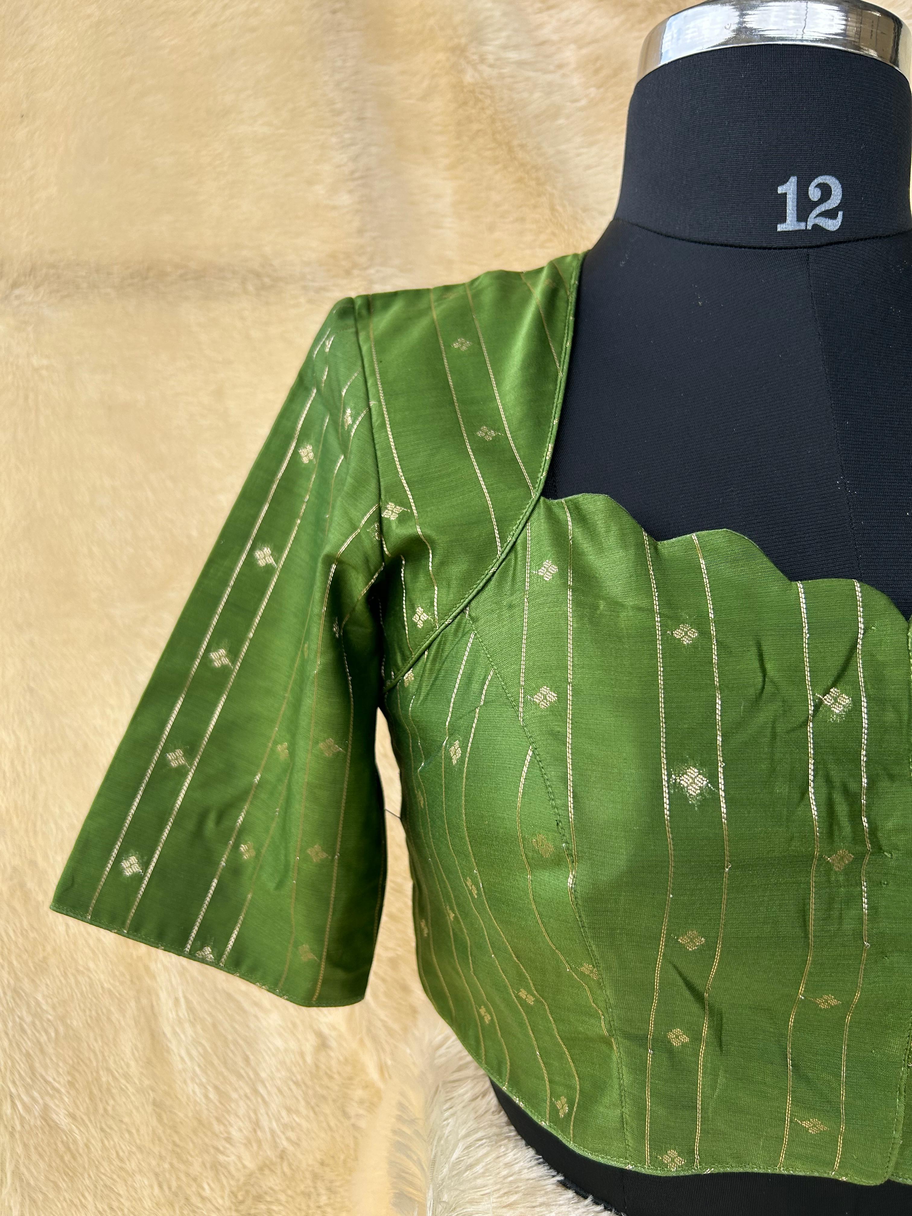 Mehandi green stripes knot handwork-09 blouse