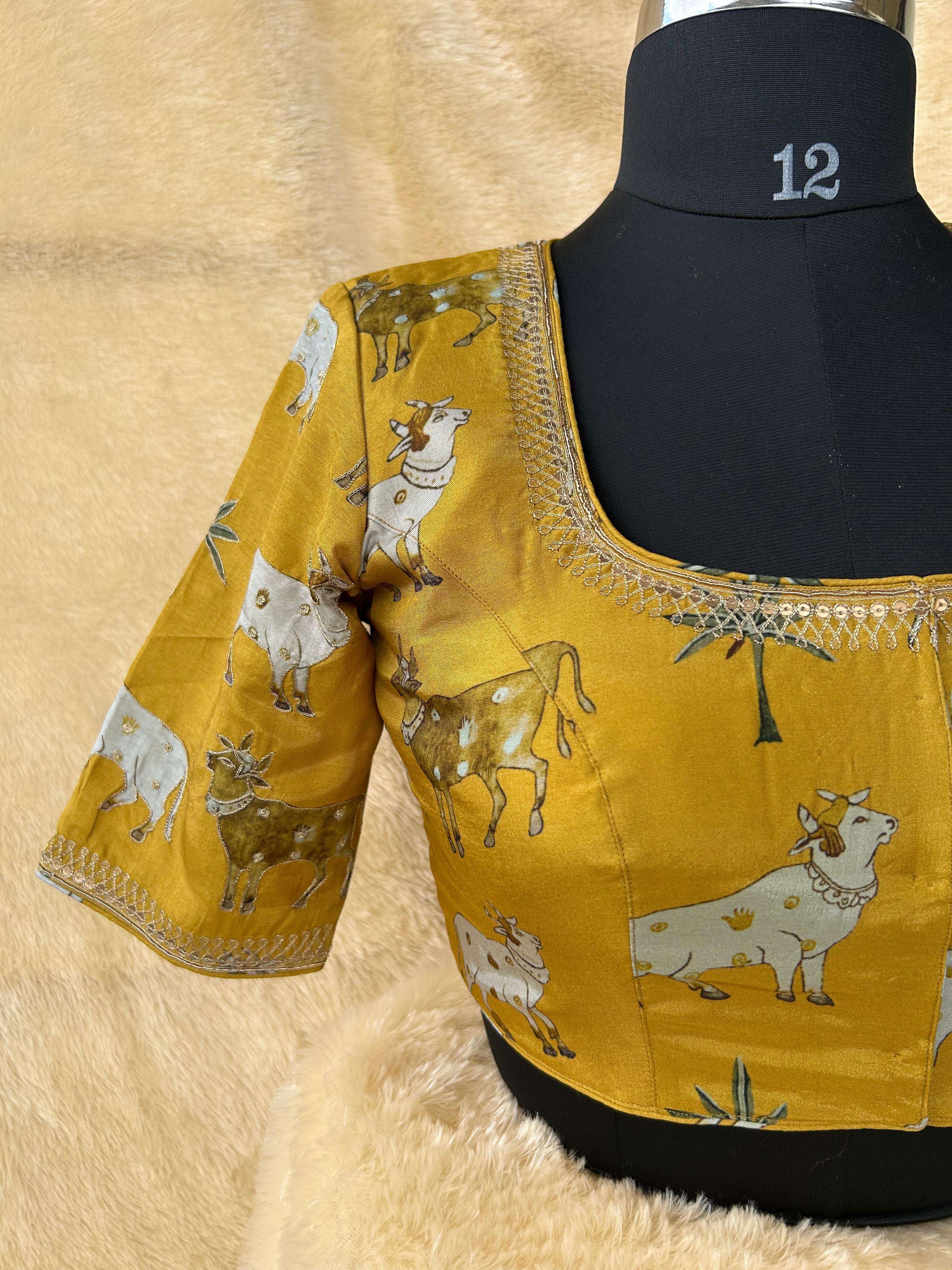 Mustard yellow pichwai silk blouse