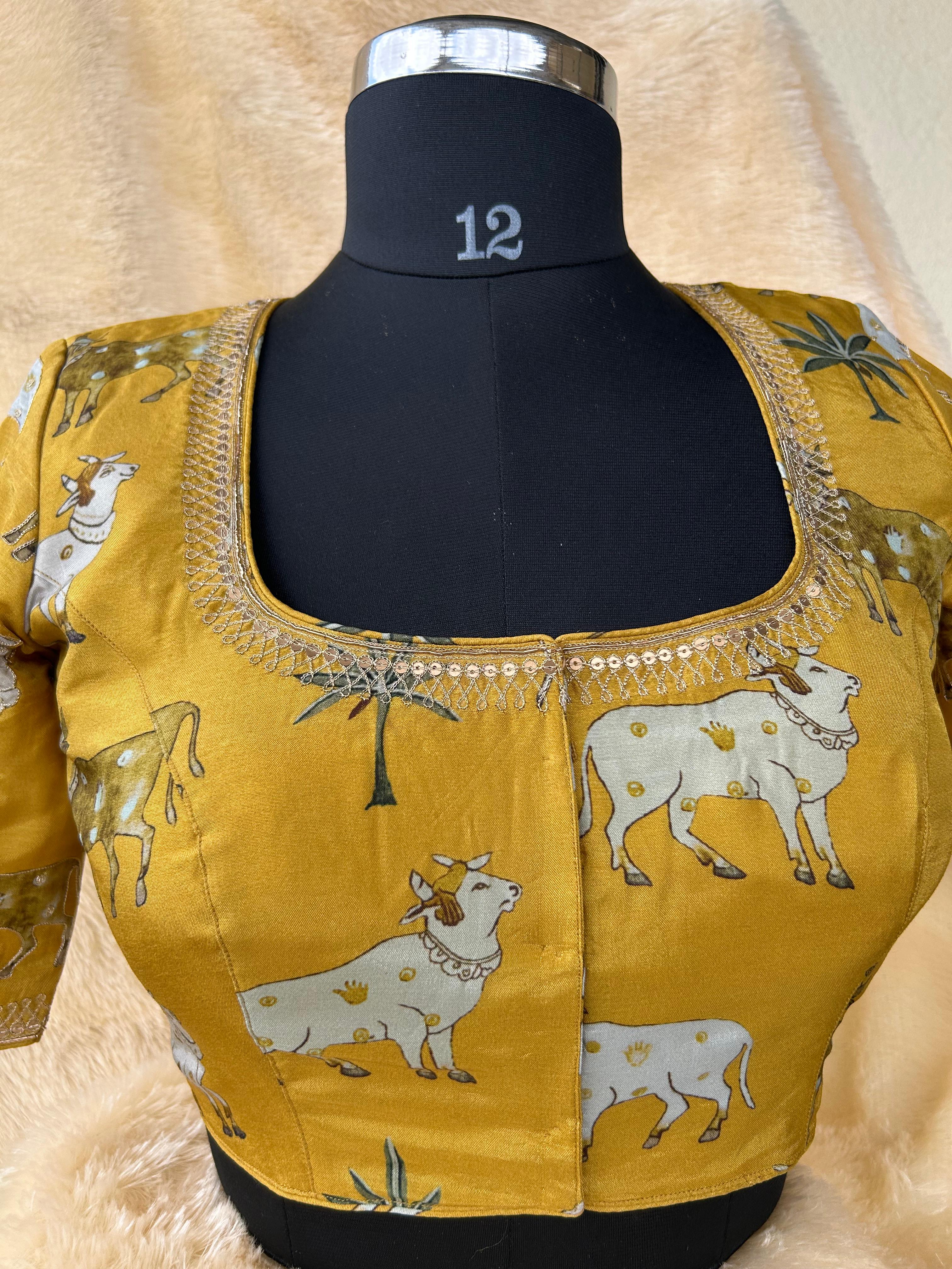 Mustard yellow pichwai silk blouse