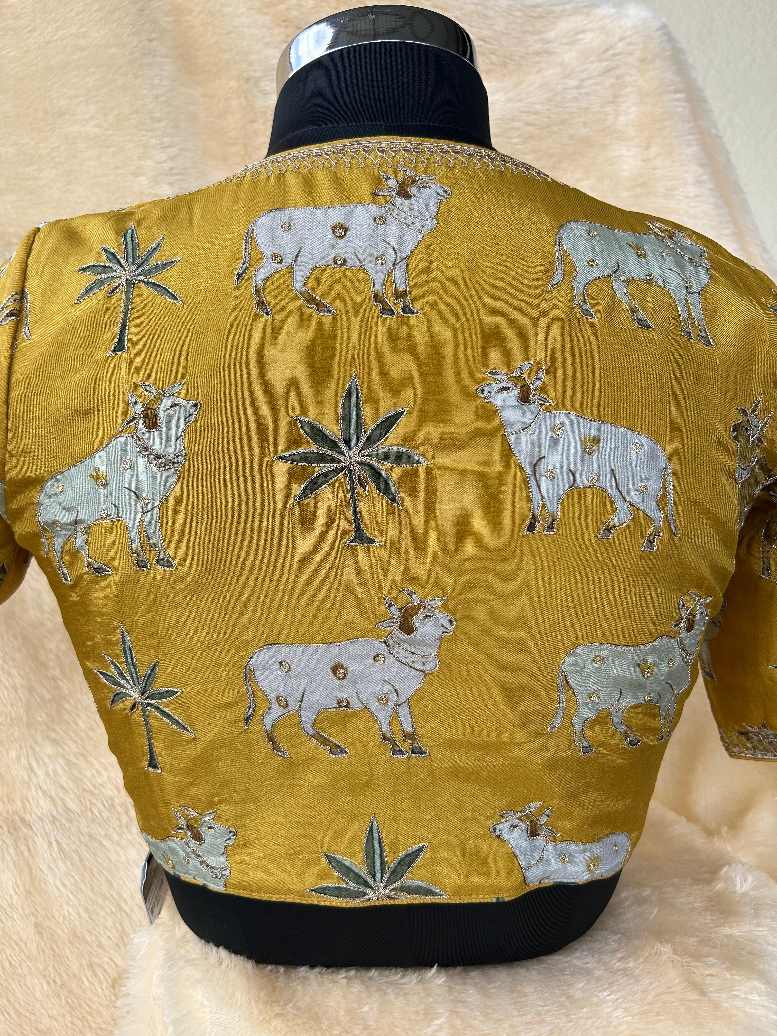 Mustard yellow pichwai silk blouse