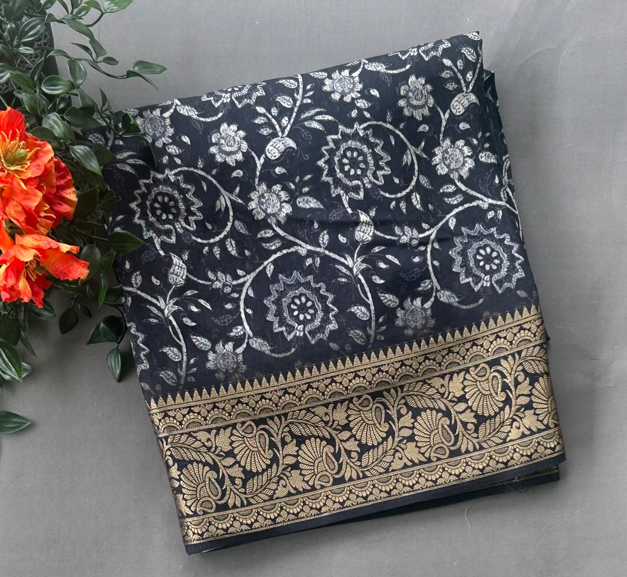 Black n wihte floral design small border saree