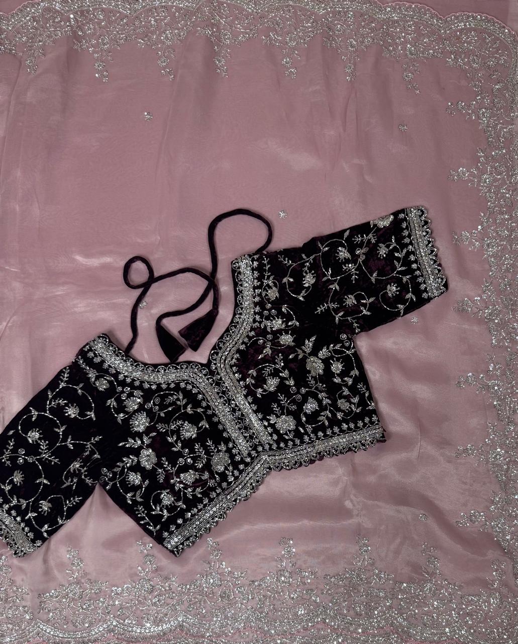 Pastel pink stitched velvet blouse organza party wear-08 saree