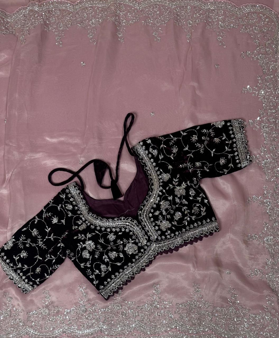 Pastel pink stitched velvet blouse organza party wear-08 saree