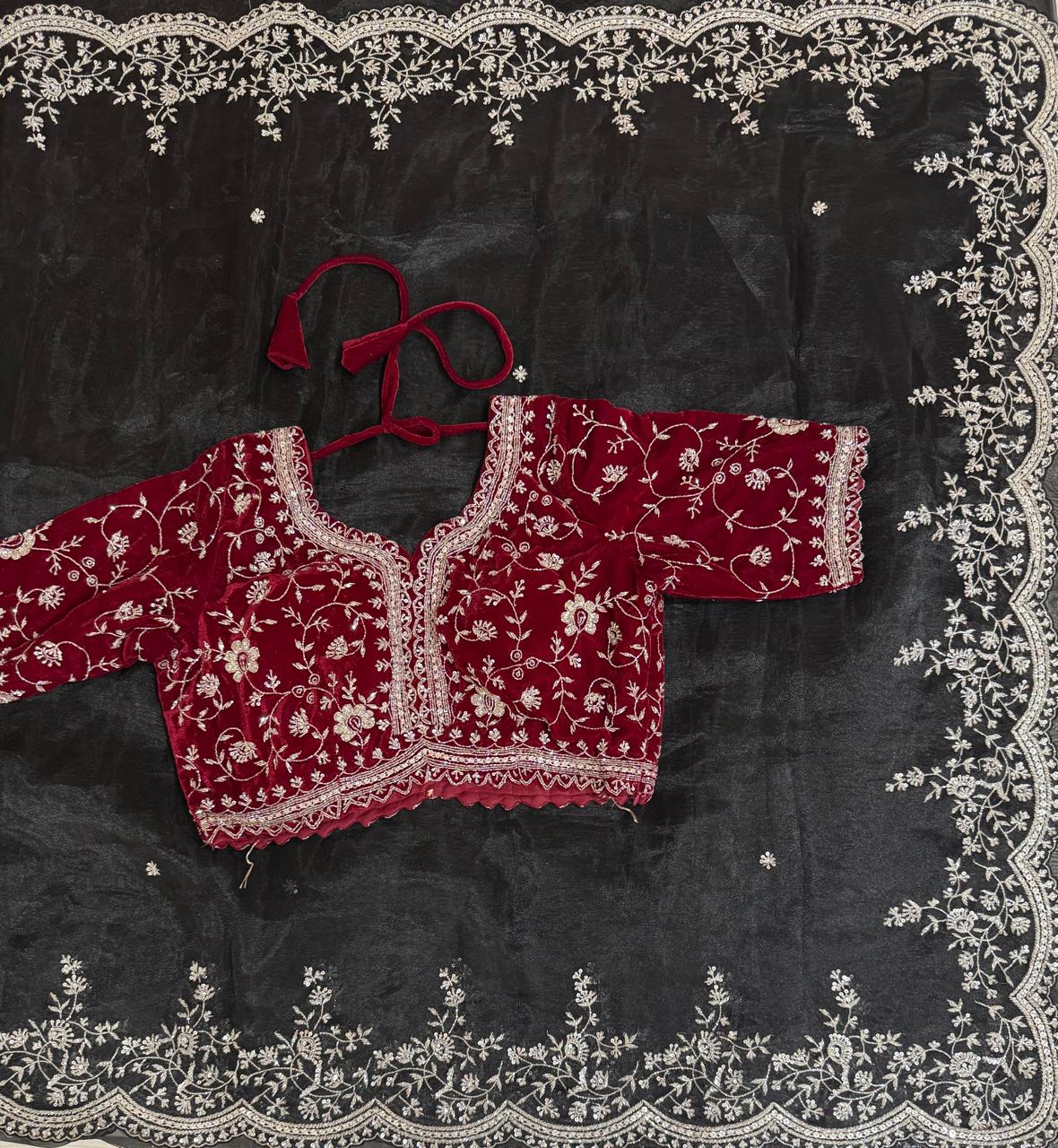 Black stitched velvet blouse organza party wear-08 saree