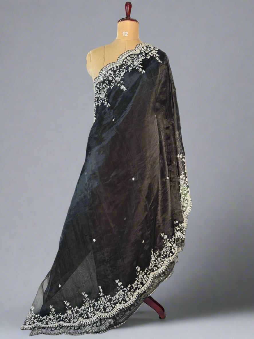 Black stitched velvet blouse organza party wear-08 saree