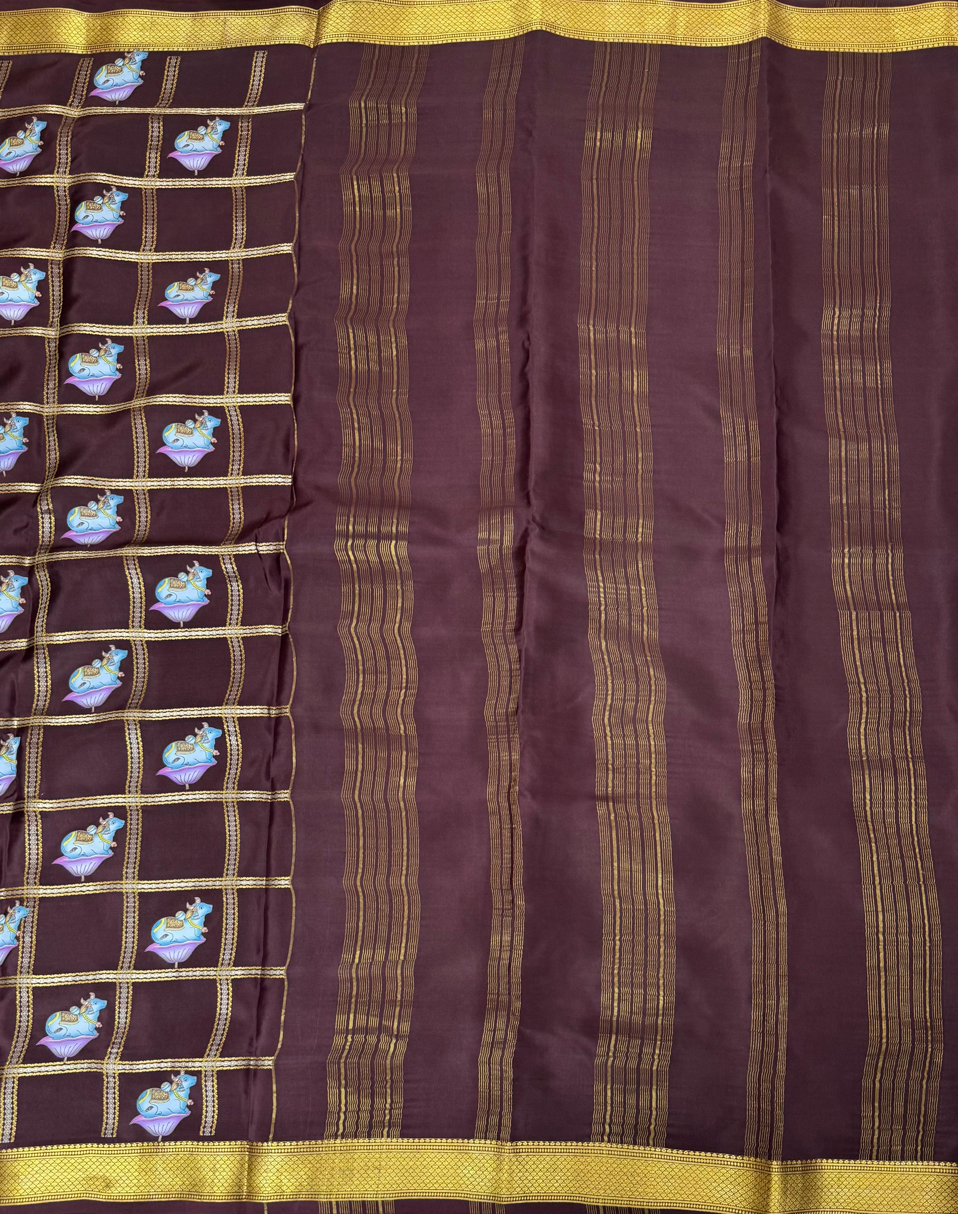 Dark brown checks pichwai-08 design pure mysore crepe silk saree
