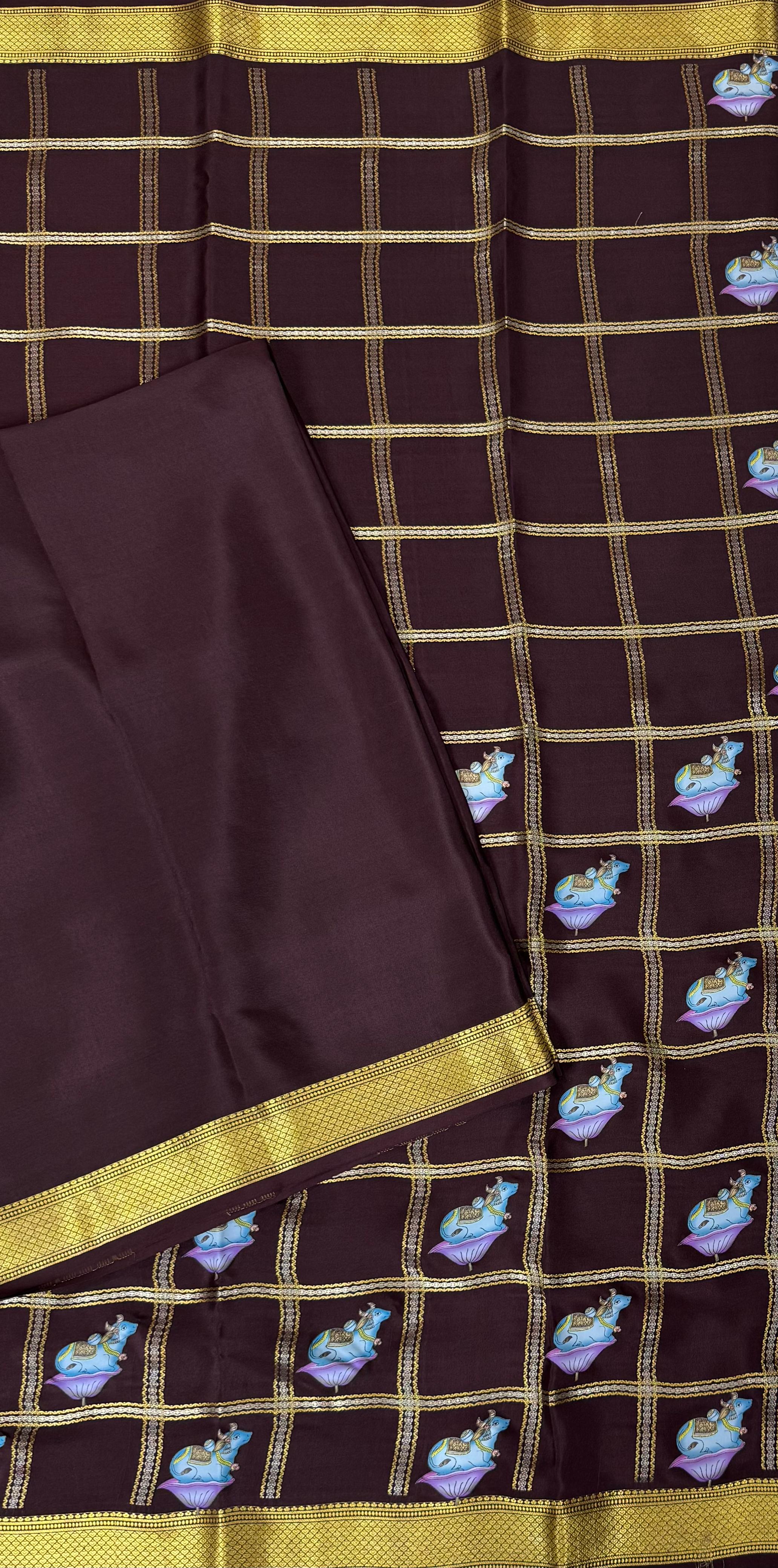 Dark brown checks pichwai-08 design pure mysore crepe silk saree