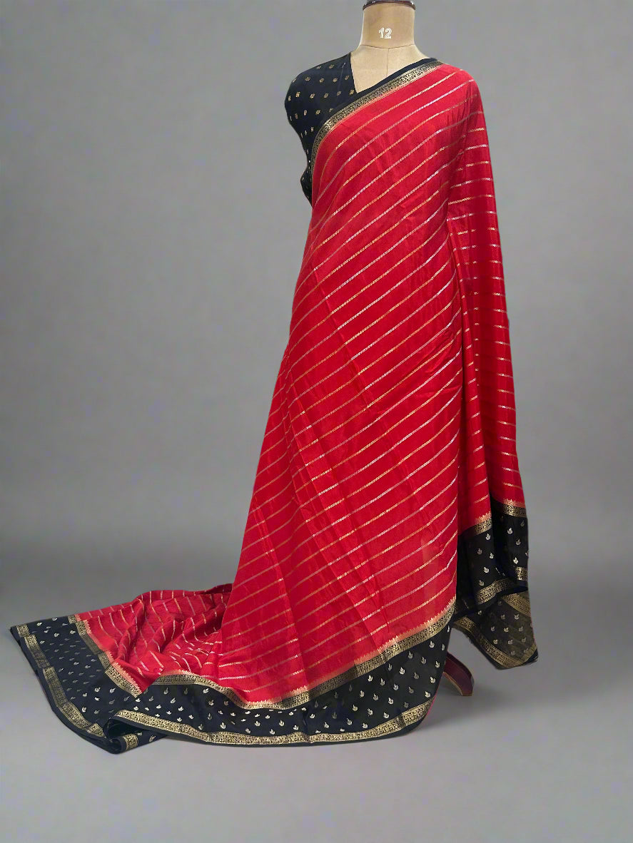 Red n black stripes bentex semi mysore-08 crepe saree
