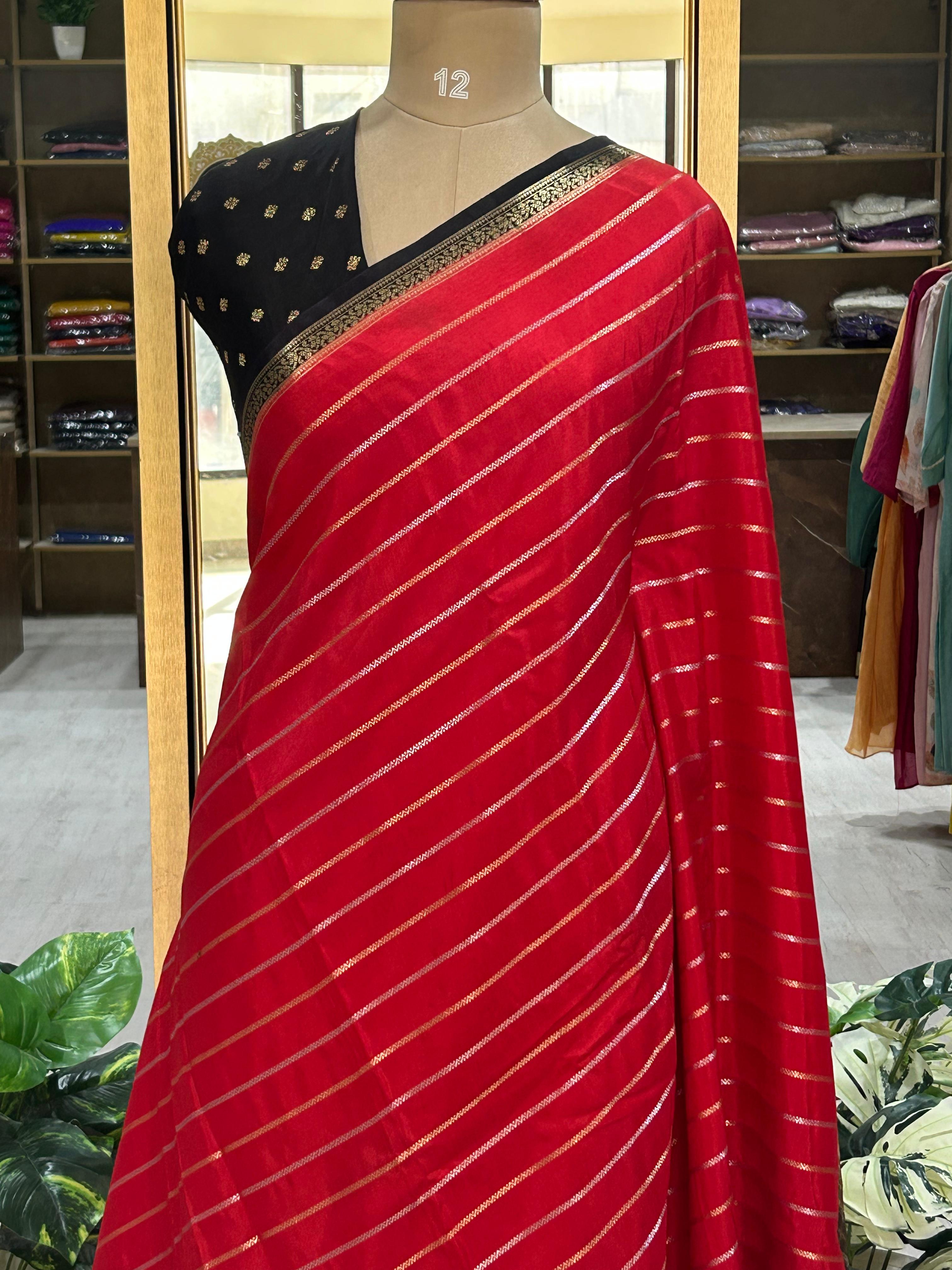 Red n black stripes bentex semi mysore-08 crepe saree