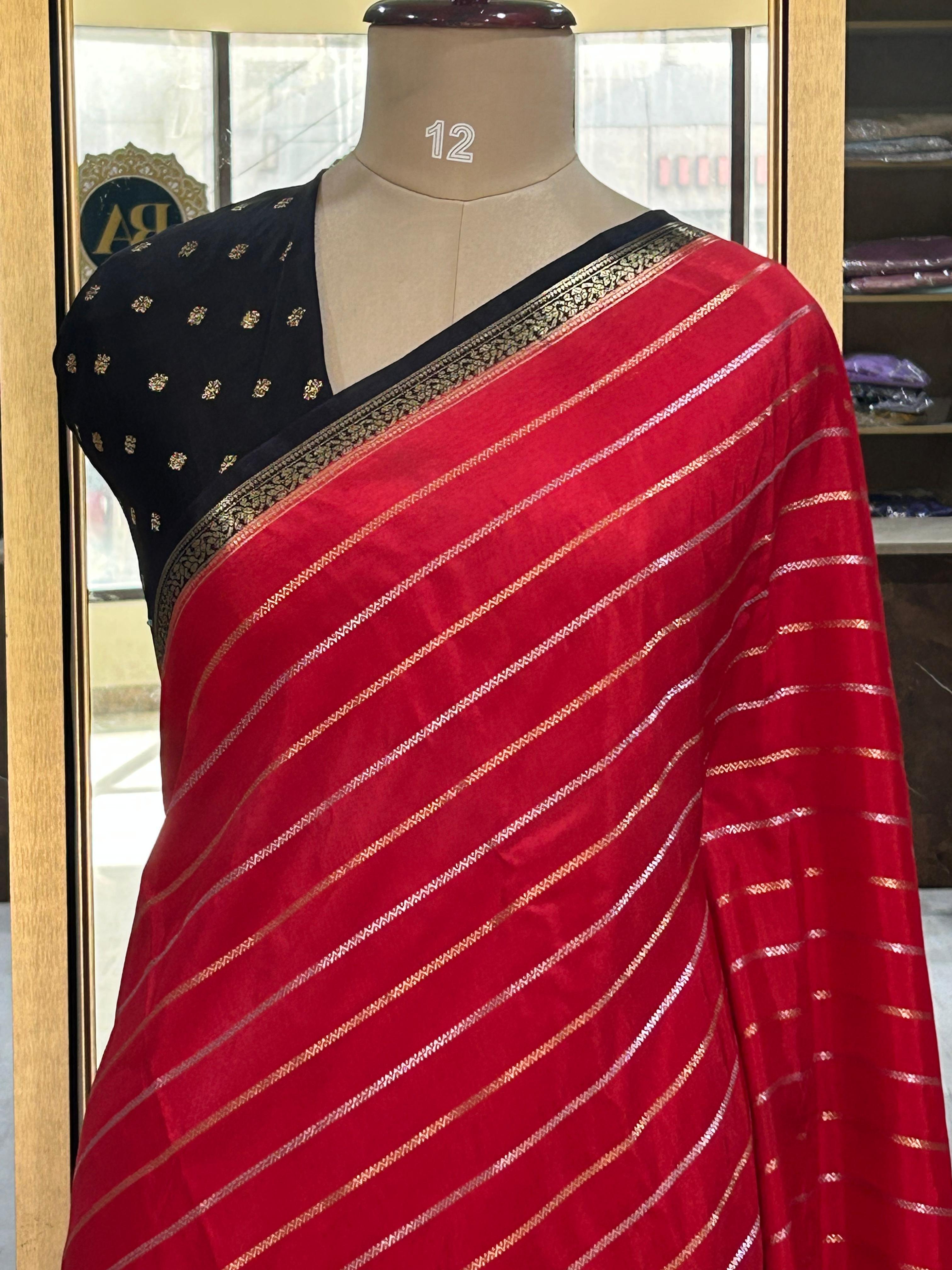 Red n black stripes bentex semi mysore-08 crepe saree