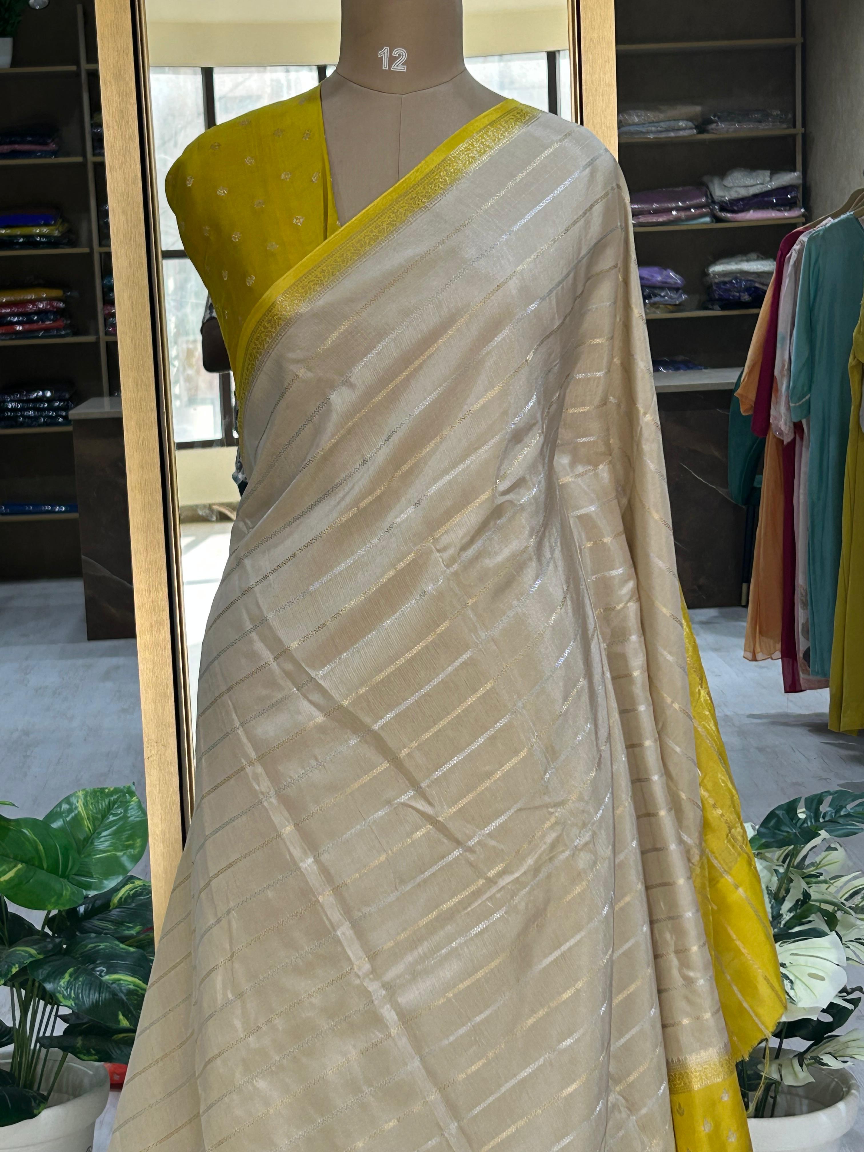 Beige stripes bentex semi mysore-08 crepe saree