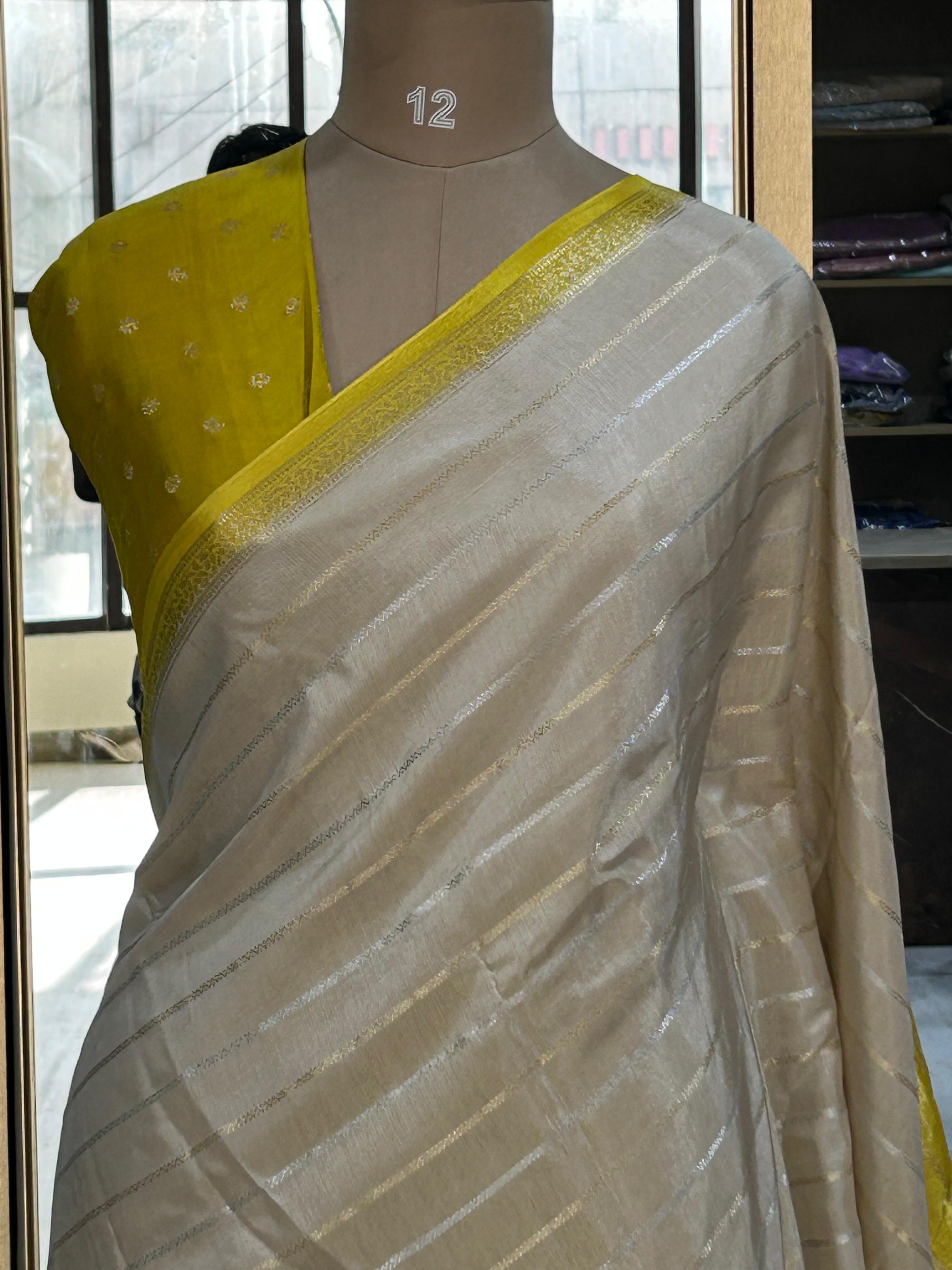 Beige stripes bentex semi mysore-08 crepe saree