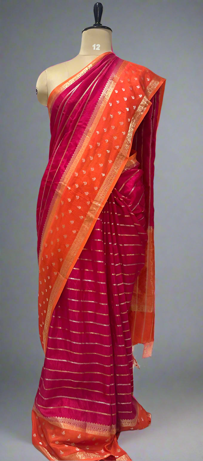 Pink n orange stripes bentex semi mysore-08 crepe saree