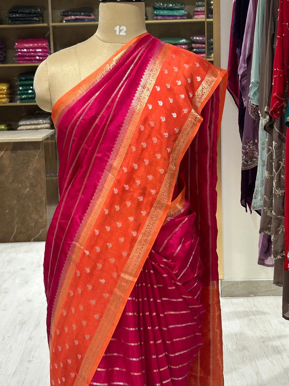 Pink n orange stripes bentex semi mysore-08 crepe saree