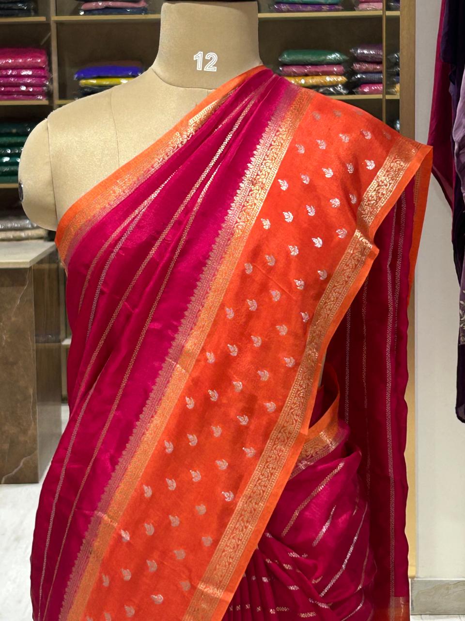 Pink n orange stripes bentex semi mysore-08 crepe saree