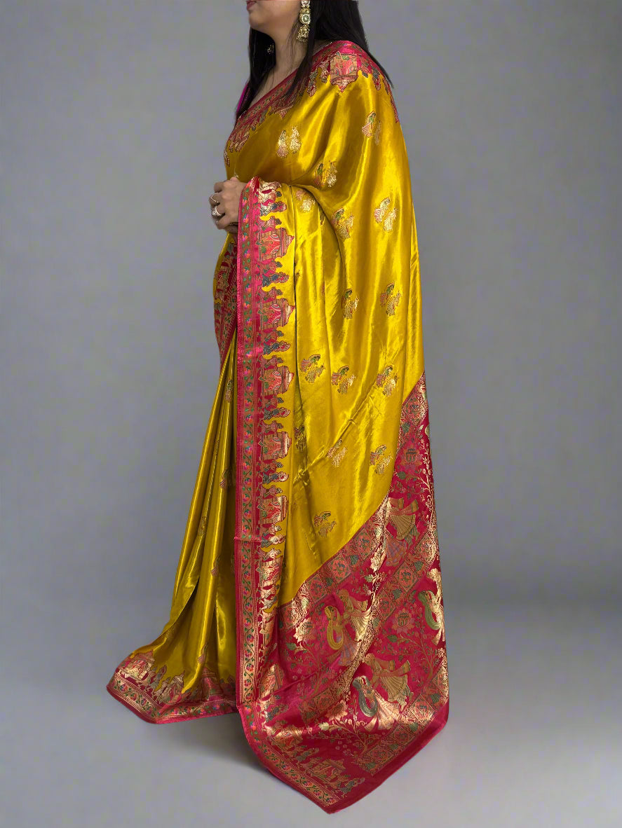 Yellow n pink pashmina satin crepe 08 saree