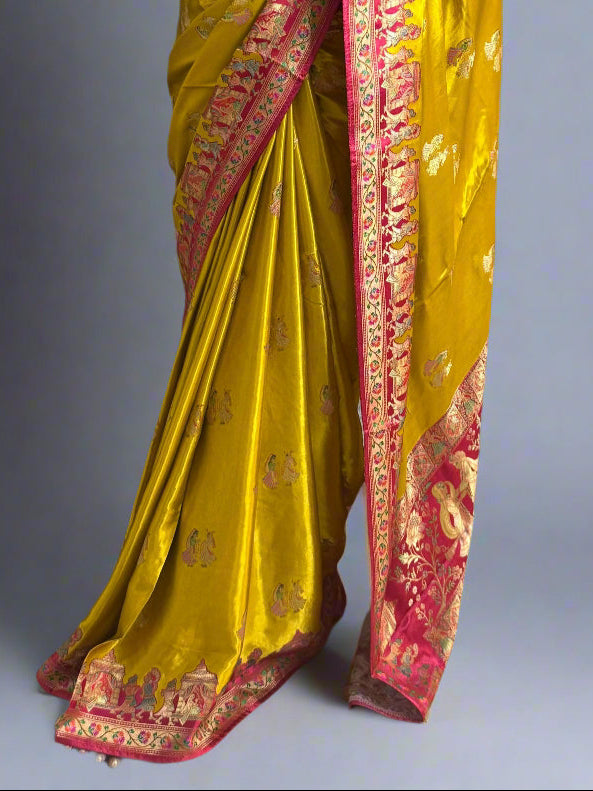 Yellow n pink pashmina satin crepe 08 saree