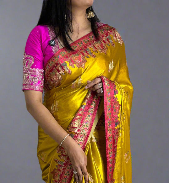Yellow n pink pashmina satin crepe 08 saree