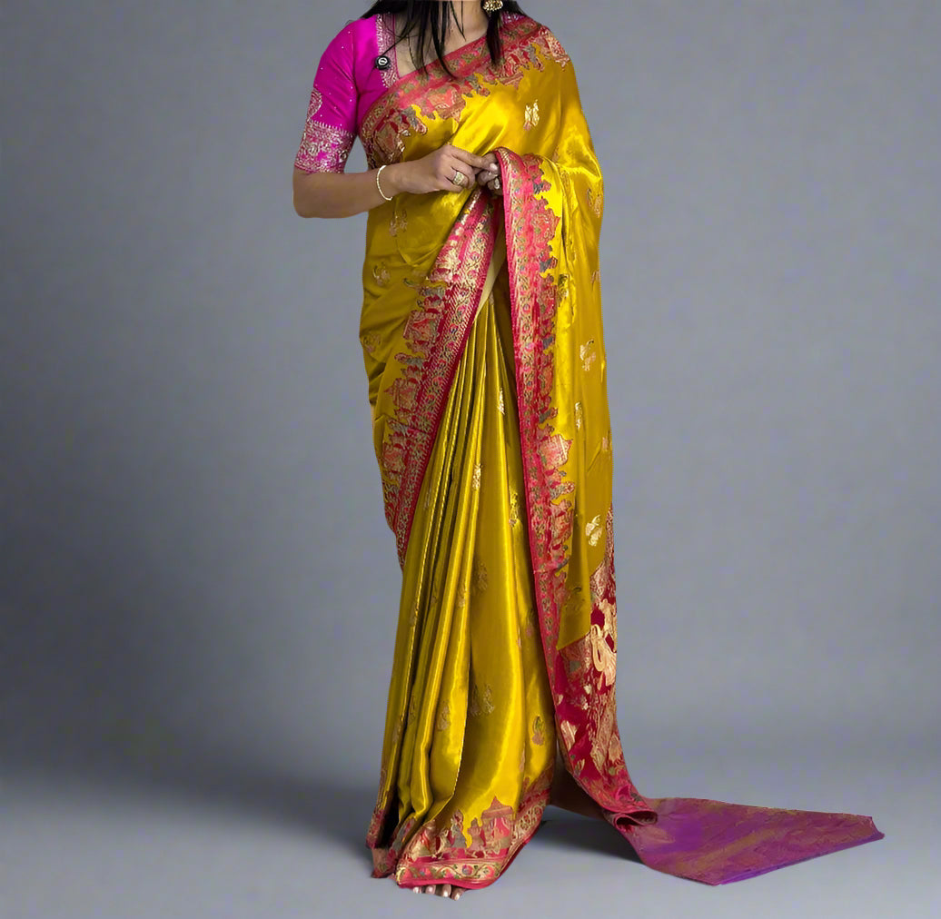 Yellow n pink pashmina satin crepe 08 saree