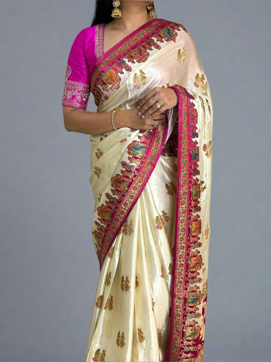 White n pink pashmina satin crepe 08 saree