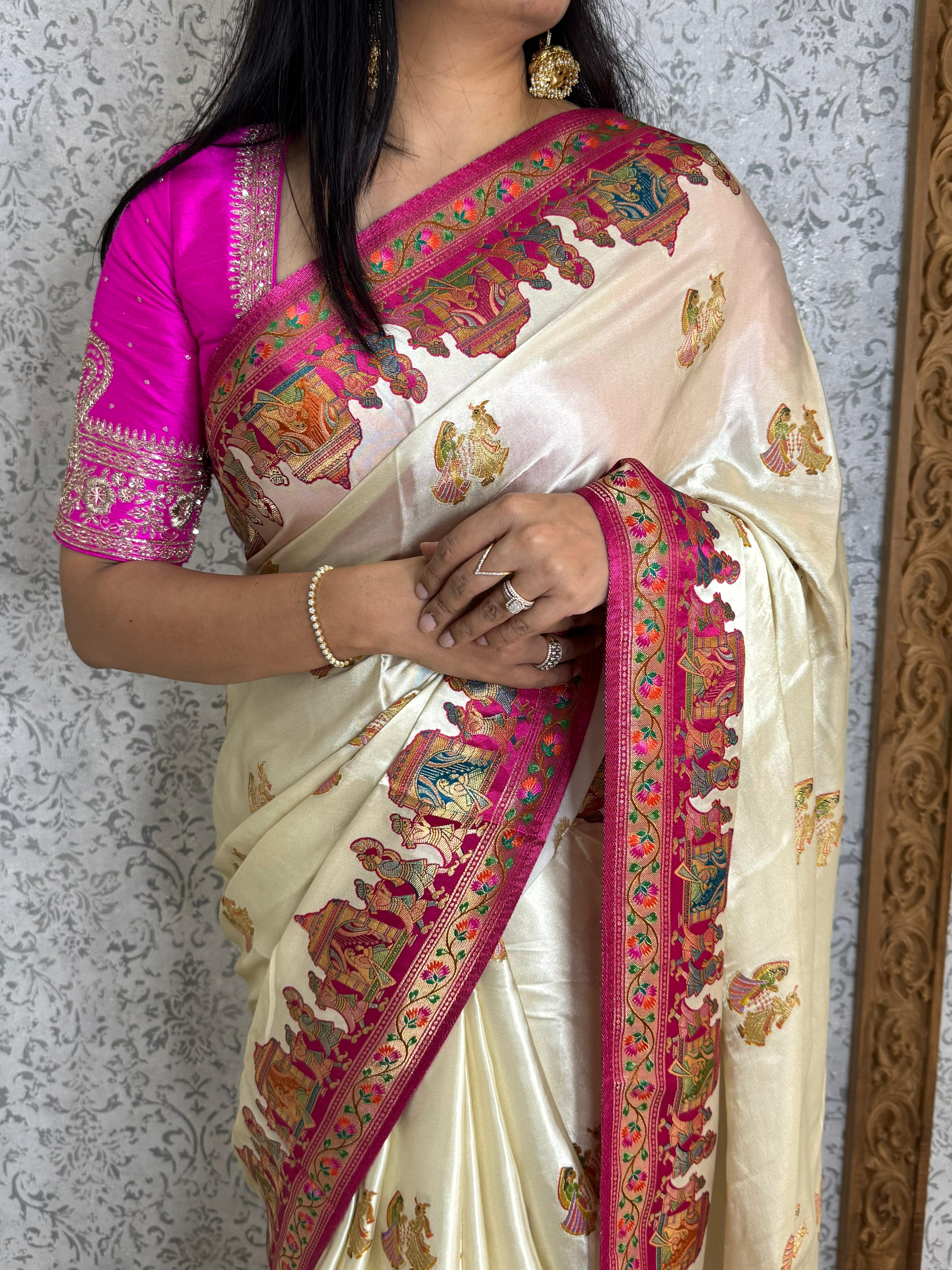 White n pink pashmina satin crepe 08 saree