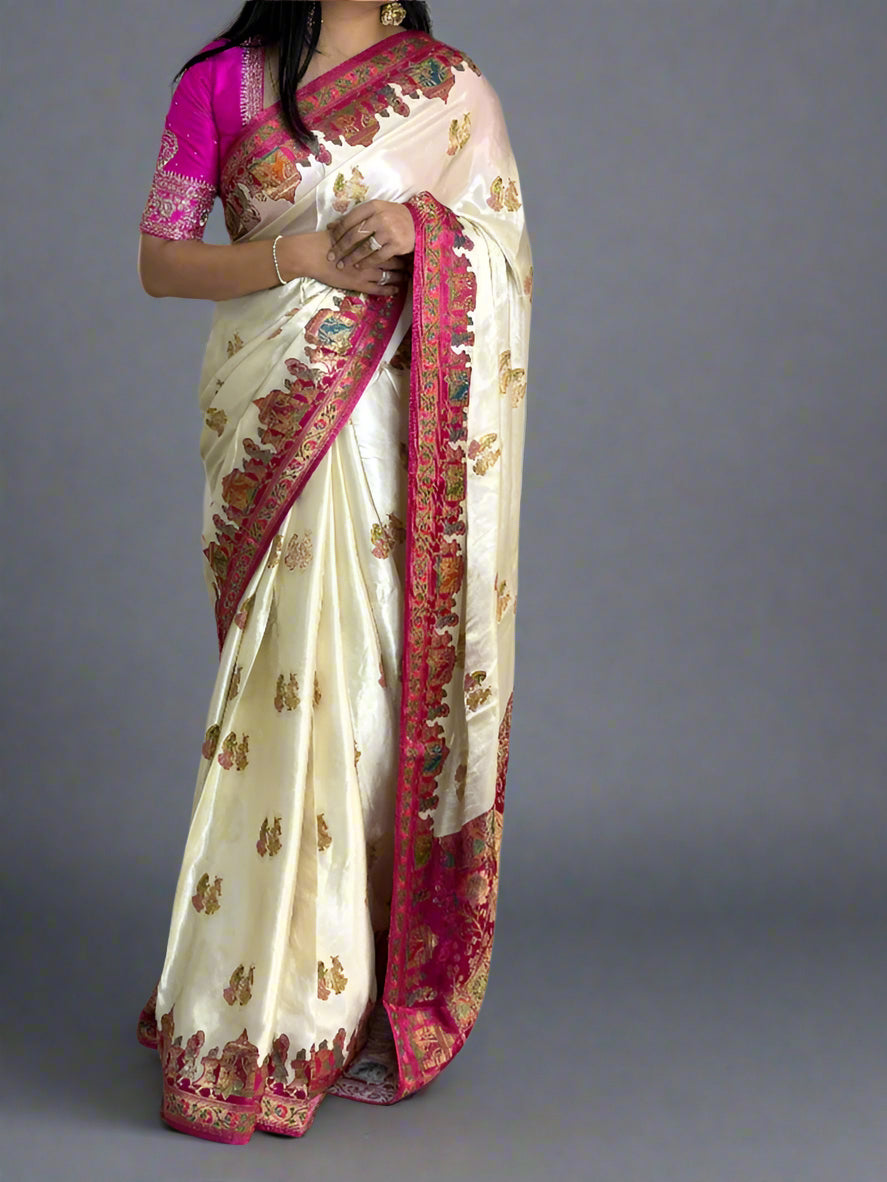 White n pink pashmina satin crepe 08 saree