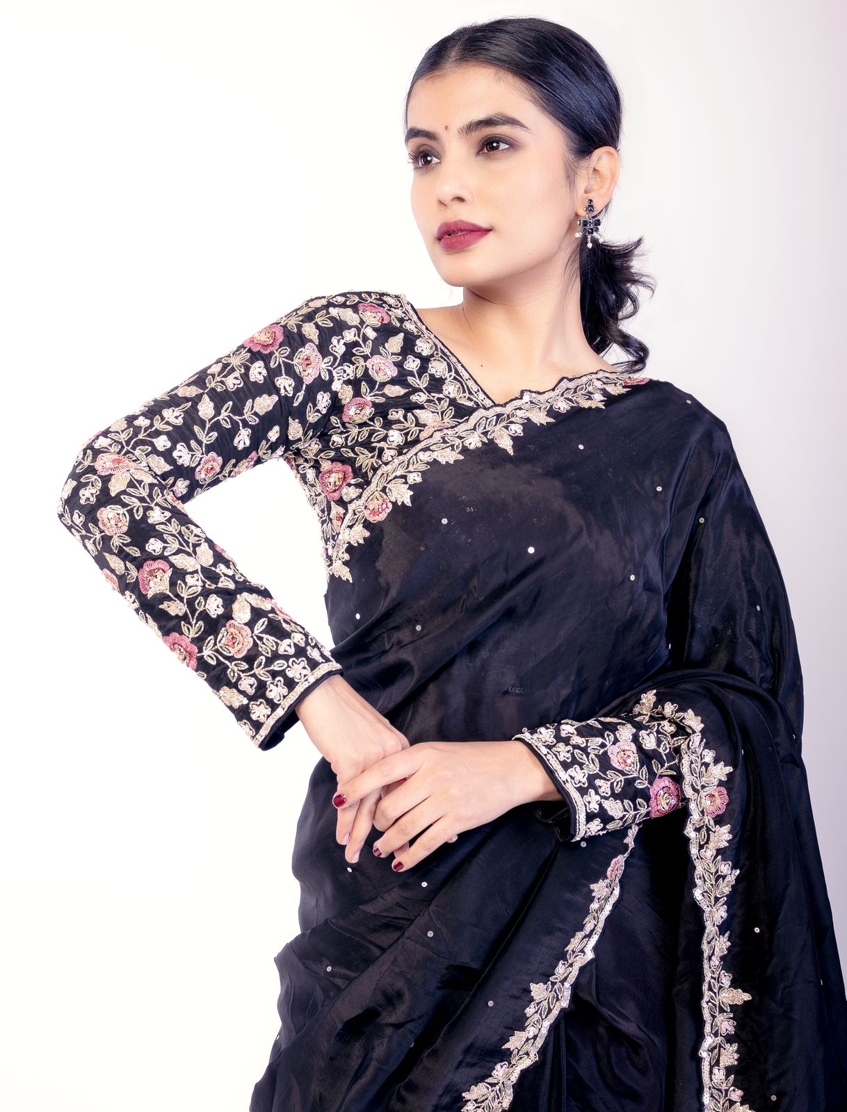 Black handwork full stitched blouse designer full sleeve party saree