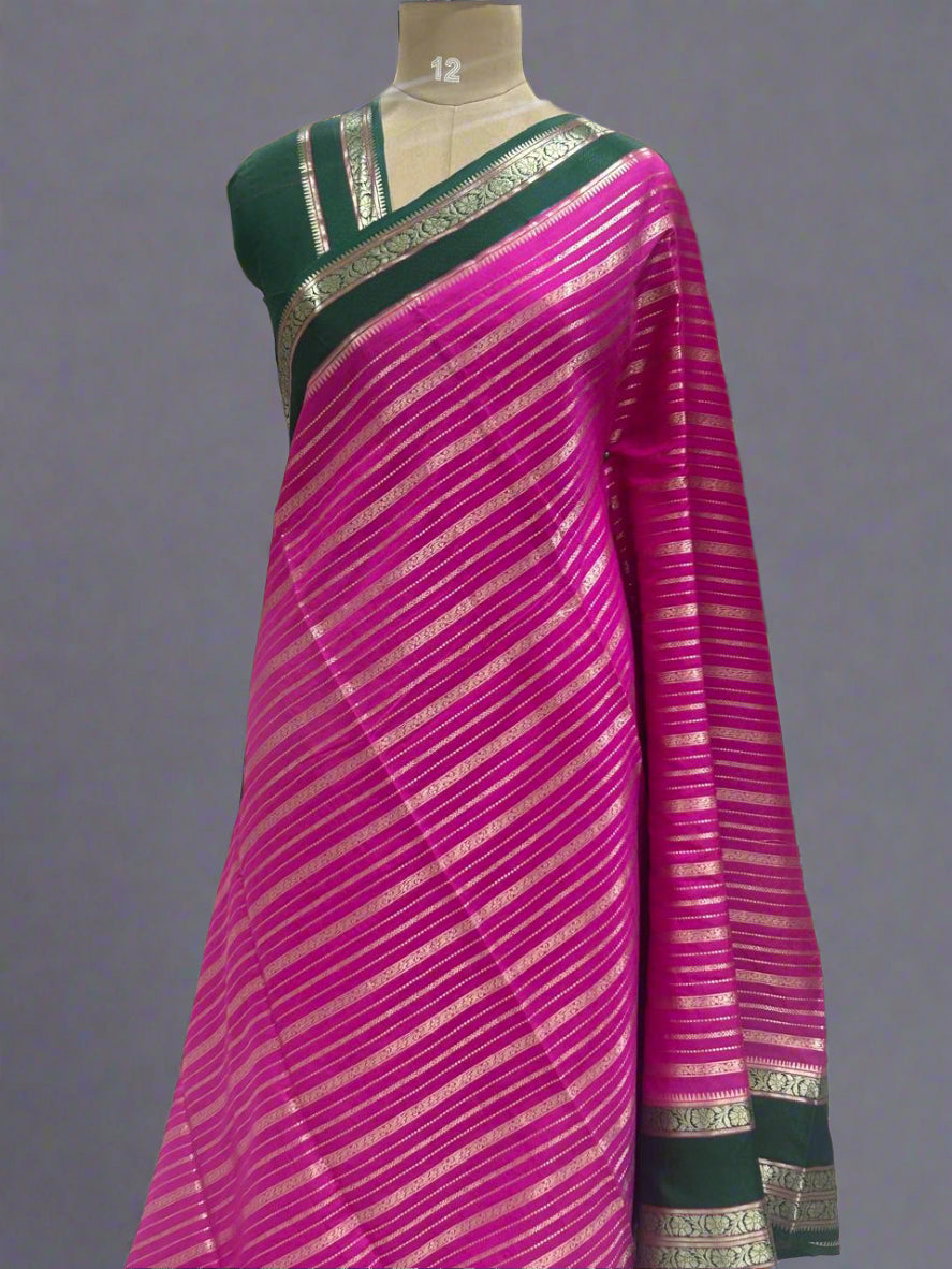 Rani pink gadwal border semi chiniya silk saree (RR)